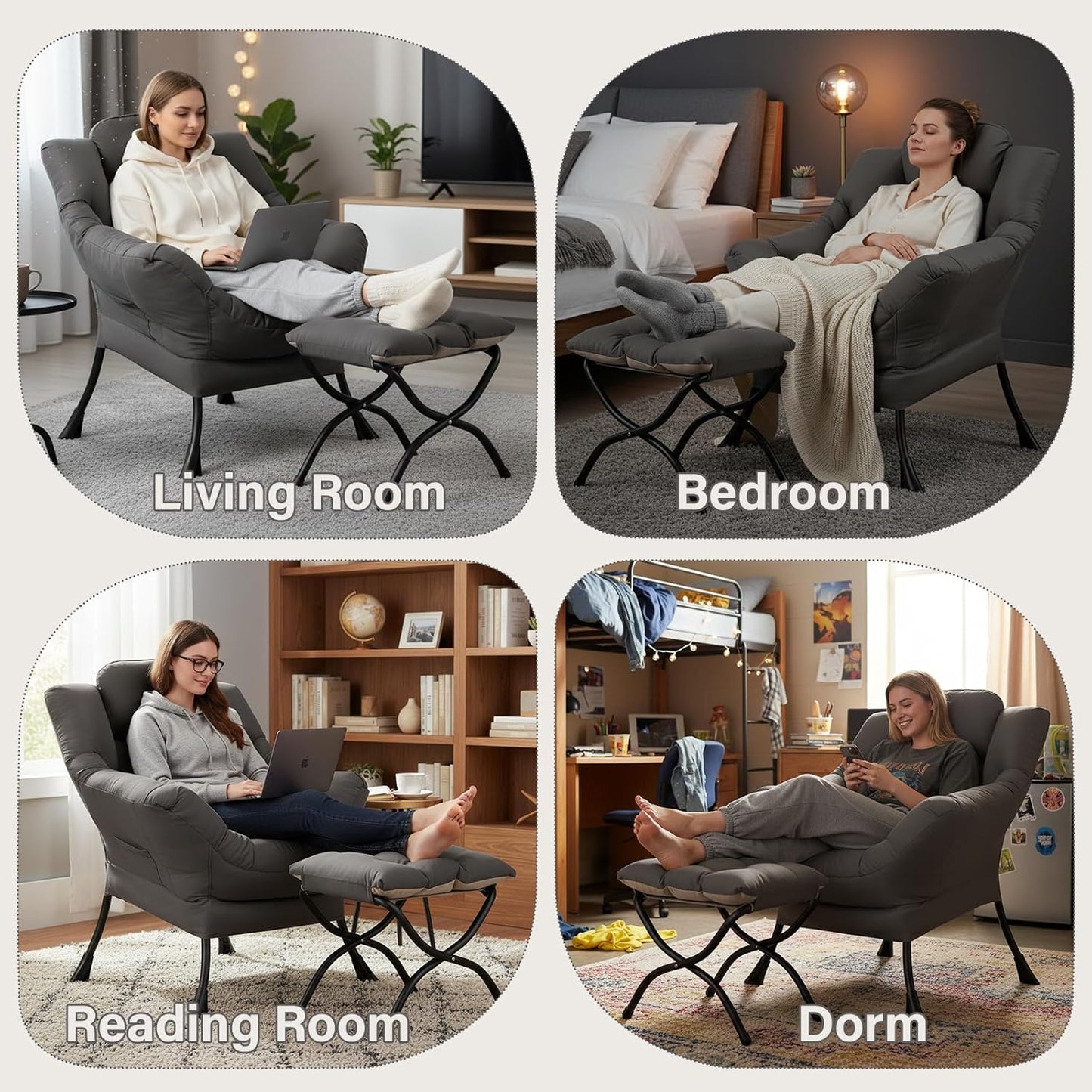 Lazy Chair with Ottoman, Modern Accent Lounge Armchair with Armrests and a Side Pocket & Foldable Footstool, Leisure Reading Chair for Living Room, Bedroom, Dorm & Office, Dark Grey