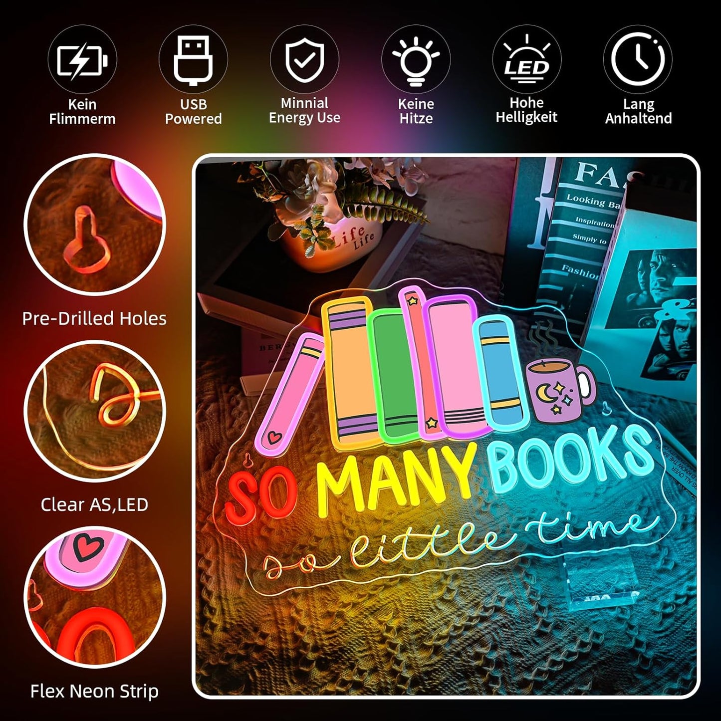 So Many Books A Little Time Neon Sign Reading Corner for Kids Reader Neon Light for Wall Decor LED Light Library Classroom Cool Kids Read Book Club Christmas Gift for Teens