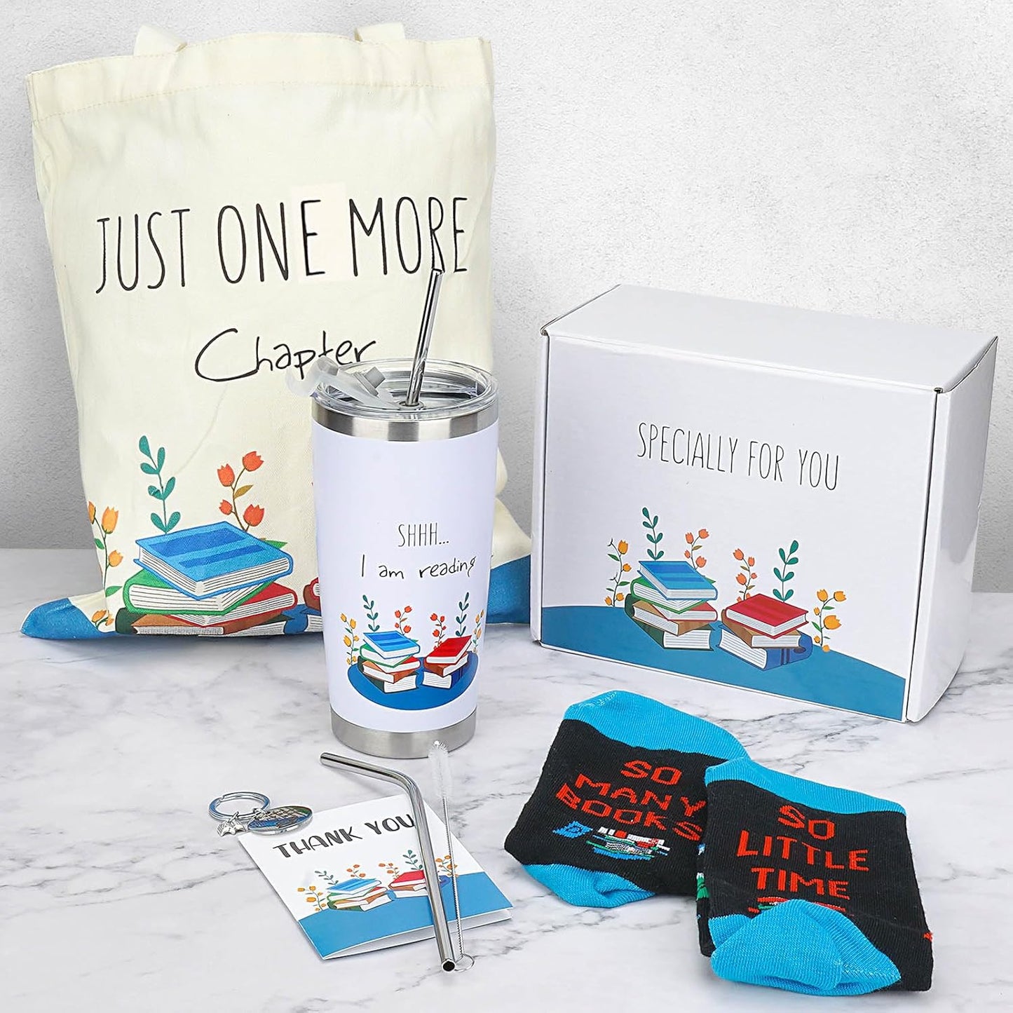 Book Lovers Gift Set, 8 PCS Readers Set With 20 oz Tumbler, Lid, Straw Brush, Canvas Tote Bag, Socks, Key Chain, Thanks Card, Gift Box - Book Accessories Reading Idea for Women Girl
