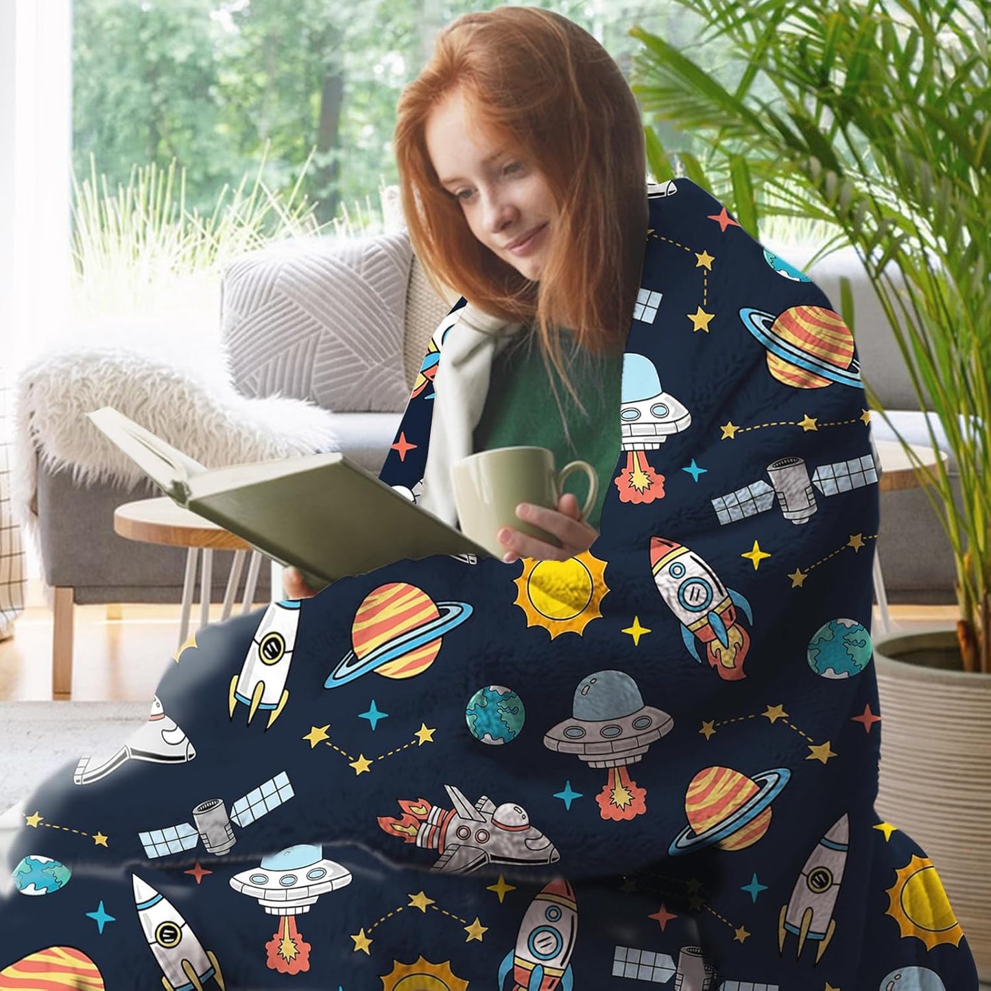 Out Space Flannel Throw Blanket, Planet Rocket Spacecraft Gifts for Kids Boys Baby, Galaxy Sun Stars Birthday Ideas, Soft Blankets Present for Children Teens 50'' x 60''