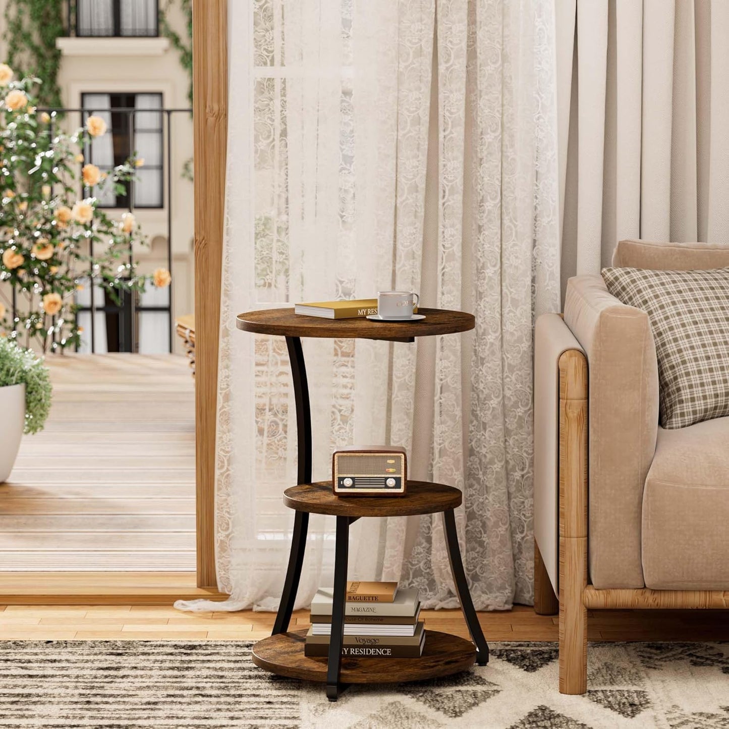 Round Side Table, 15.7" 3-Tier End Table for Living Room, Vintage Accent Table for Small Spaces with Sotage Shelf, Nightstand Wood Metal Coffee Table for Sofa Couch Bedroom, Rustic Brown, Large