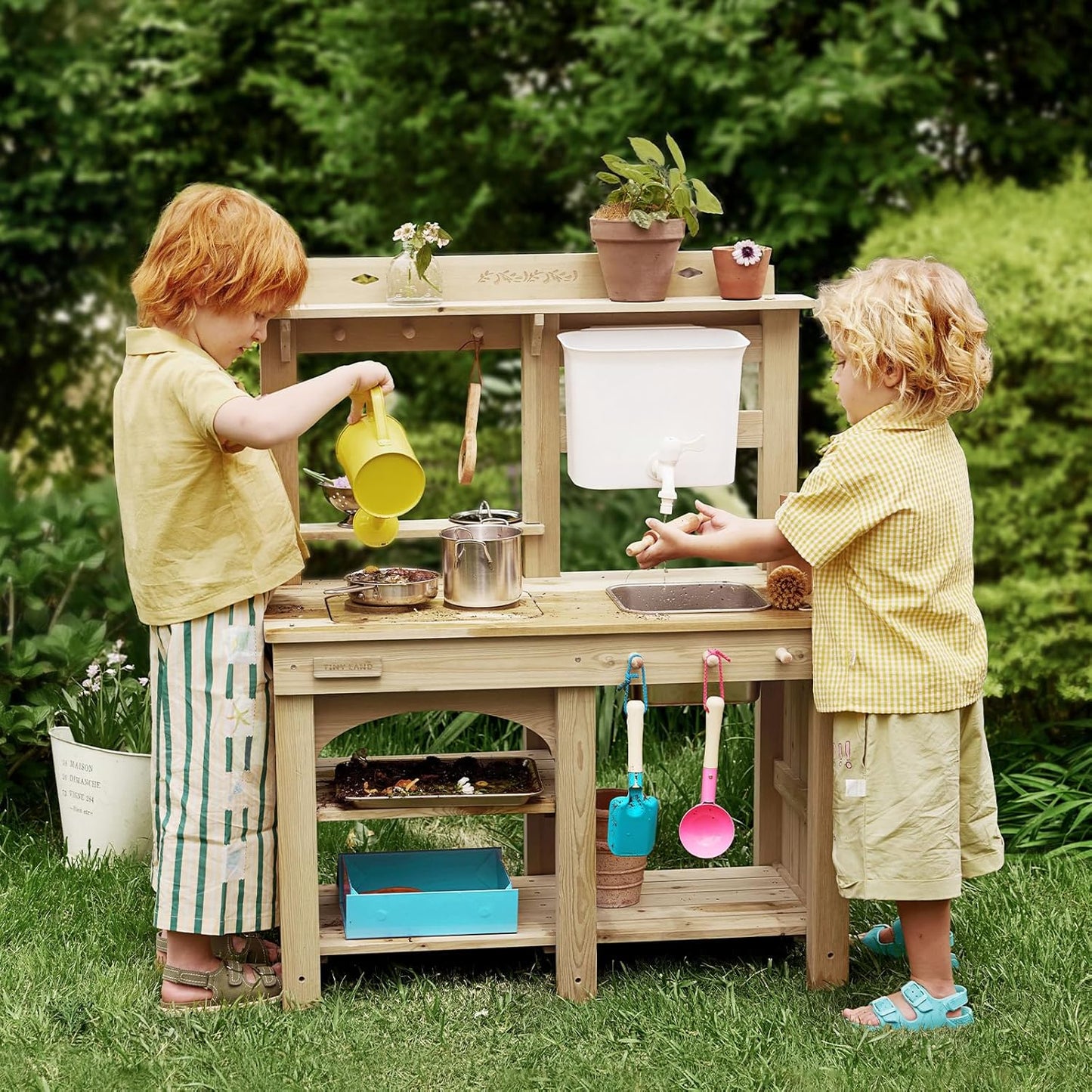 Tiny Land Outdoor Mud Kitchen for Kids, Wooden Play Kitchen with Water Tank, Water & Cooking Play, Sensory Fun, Weather-Resistant with Storage, Ideal for Toddlers Ages 3+