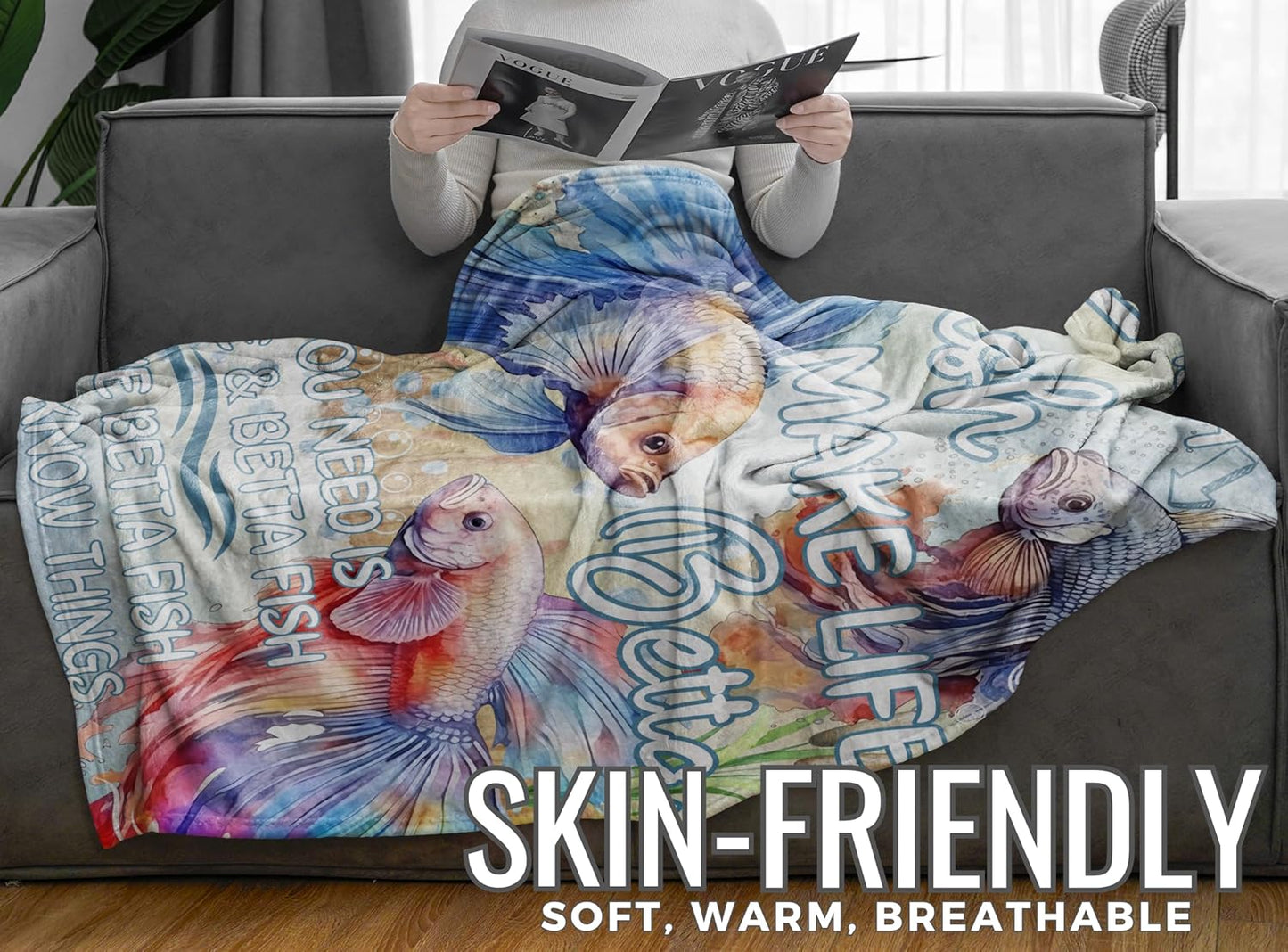 Betta Fish Gifts, Blanket Gifts for Betta Fish Lovers, Gift Ideas for Women & Men, Flannel Blanket Throw, 65 x 50 inches