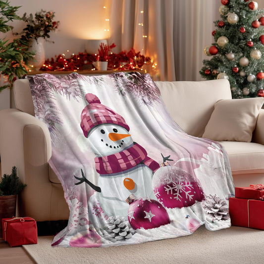 Pink Christmas Snowman Blanket, Cute Pink Christmas Tree Snowflake Soft Plush Warm Bed Couch Blanket, Winter Xmas Holiday Flannel Throws to Decorate The Room and Bedroom, 50X60 Inch