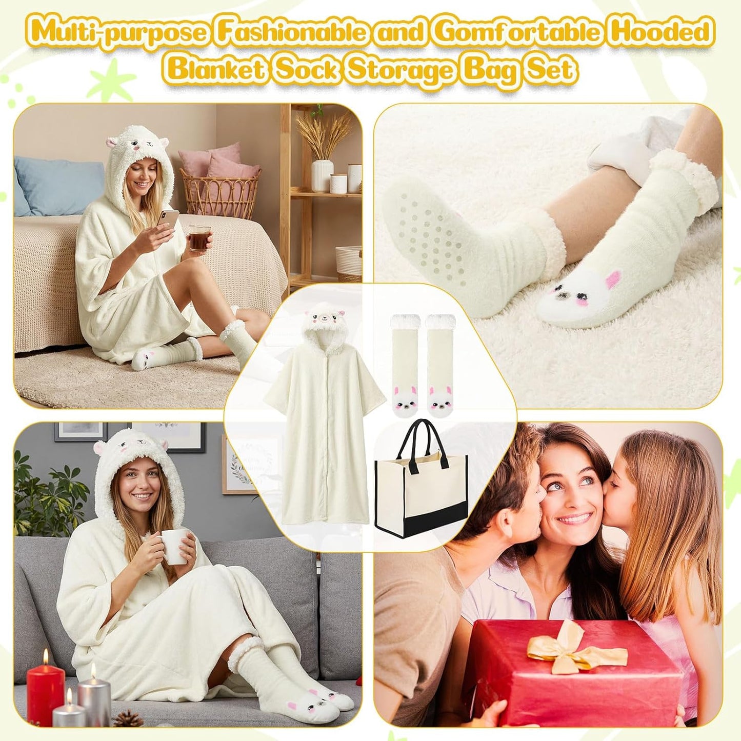 Jecery Llama Alpaca Hooded Blanket Wearable for Adults, Llama Blanket Hoodie with Non Slip Fuzzy Slipper Socks Gift Bag Set, Flannel Hoodie Throw Cloak Wrap Alpaca Christmas Party Gifts for Women