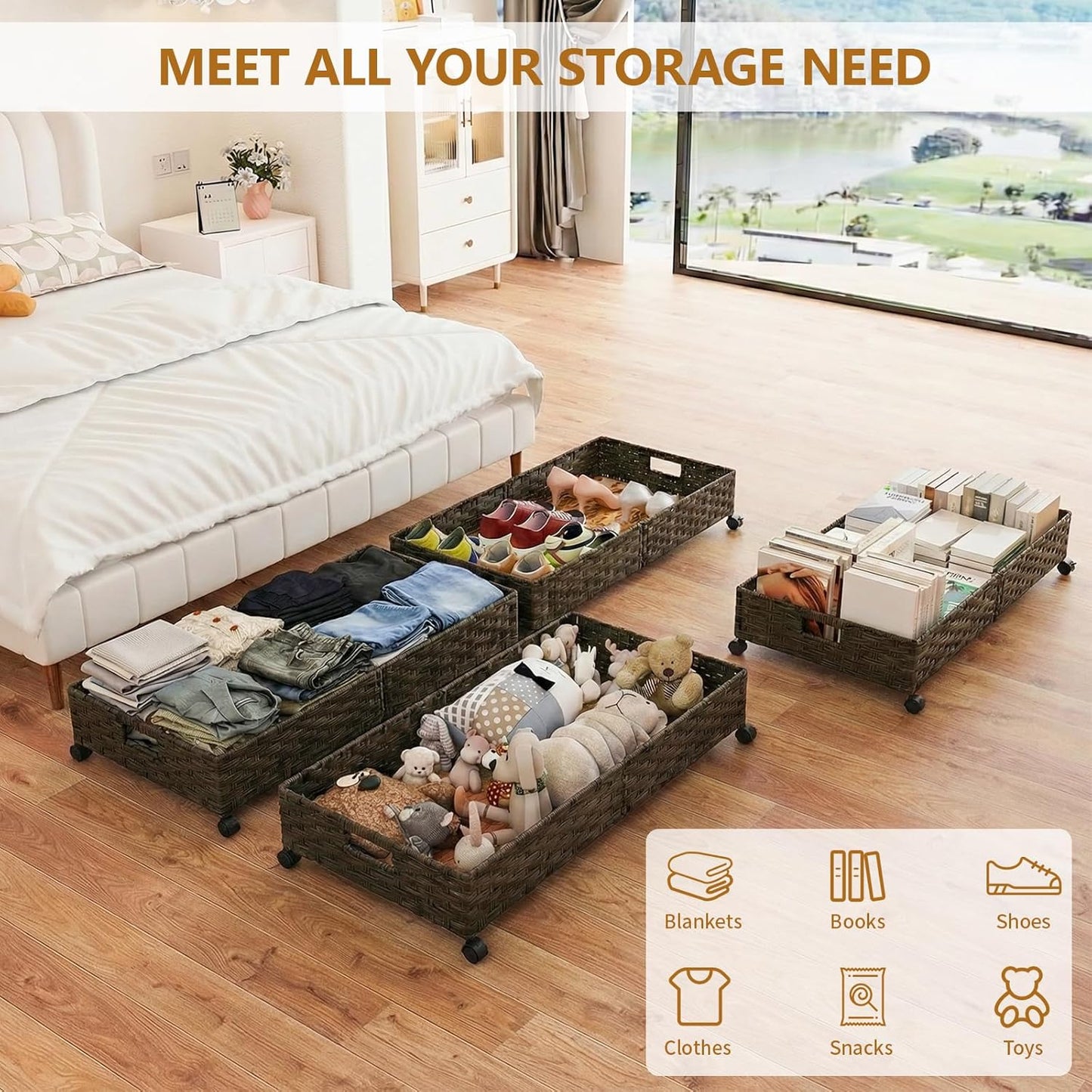 Under Bed Storage with Wheels, 40L Large Rolling Underbed Shoes Storage Boxs, Handwoven Rattan Under Bed Storage Organizer Drawers Containers for Clothes,Books,Toys,Brown(31.5 x 15.75 x 6.3 In)