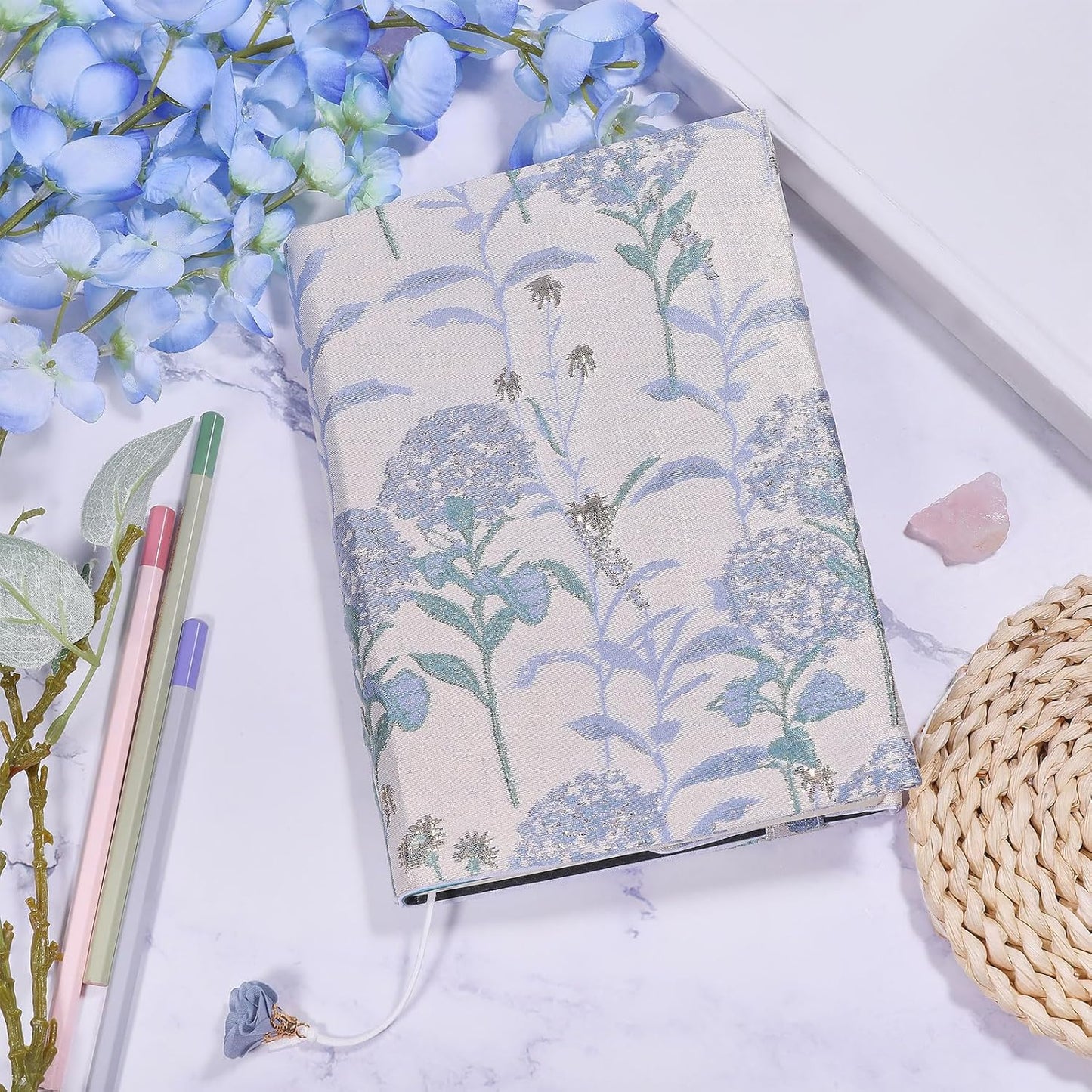 GLOBLELAND Blue Dandelion Book Cloth Covers for A5 Paperback with Ribbon Washable Soft Fabric Cover for 8.6x5.5inch Books Adjustable Protector for Notebook Bible Novels Hardcover