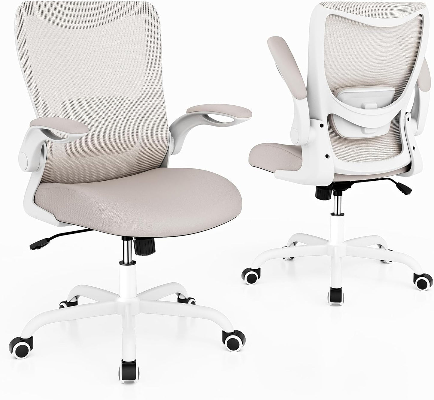 Office Chair, Ergonomic Desk Chair with Adjustable Lumbar Support and Flip up Armrest, Breathable Mesh Computer Chair for Home Office, Khaki