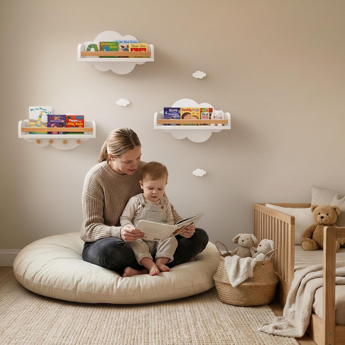 Cloud Floating Shelves Nursery Set of 3 with Decorative Mini Clouds – Wall Mounted Kids Bookshelf with Hooks, Solid Pine Rail, 15 lb Per Shelf Capacity, Nursery & Toddler Wall Decor