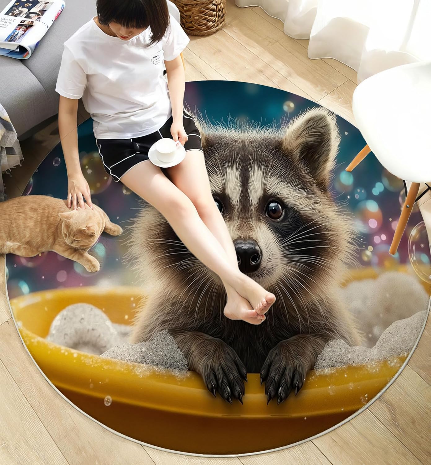 Round Area Rug, 3Ft Washable Non-Slip Blue Brown Raccoon Bubble Bath Circle Rug, Soft Low-Pile Fun Animals Indoor Small Circular Carpet for Bedroom Entryway Dining Living Room