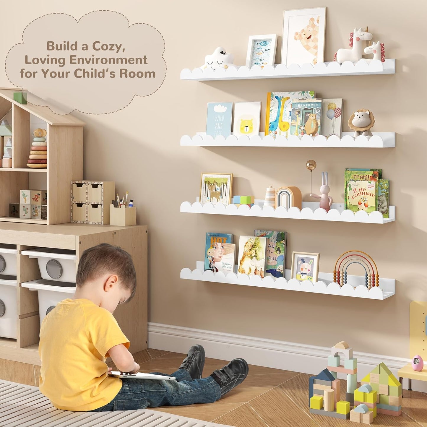 Fun Memories 32 Inch White Floating Shelf, Scalloped Picture Ledge for Nursery, Set of 4, Wall Mounted Book Shelves for Kids Room, Toddler Room