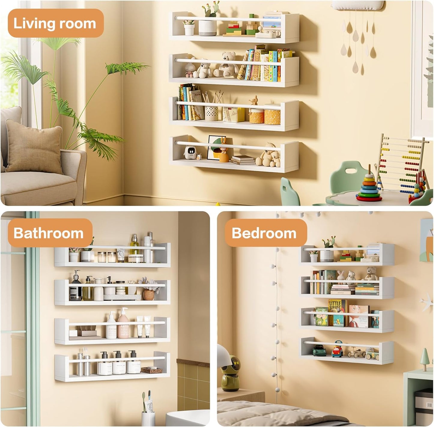 Kids Floating Wall Book Shelves — Set of 4, 16.5 in, White, Nursery & Toy Storage