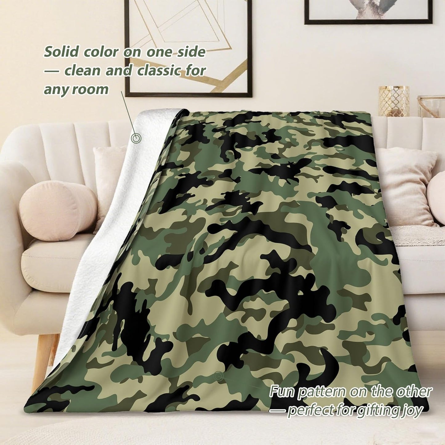Green Camo Throw Blanket Military Style Flannel Blankets for Couch Bed Living Room Sofa, Decorative Patterned Super Soft Cozy, 50x60 in