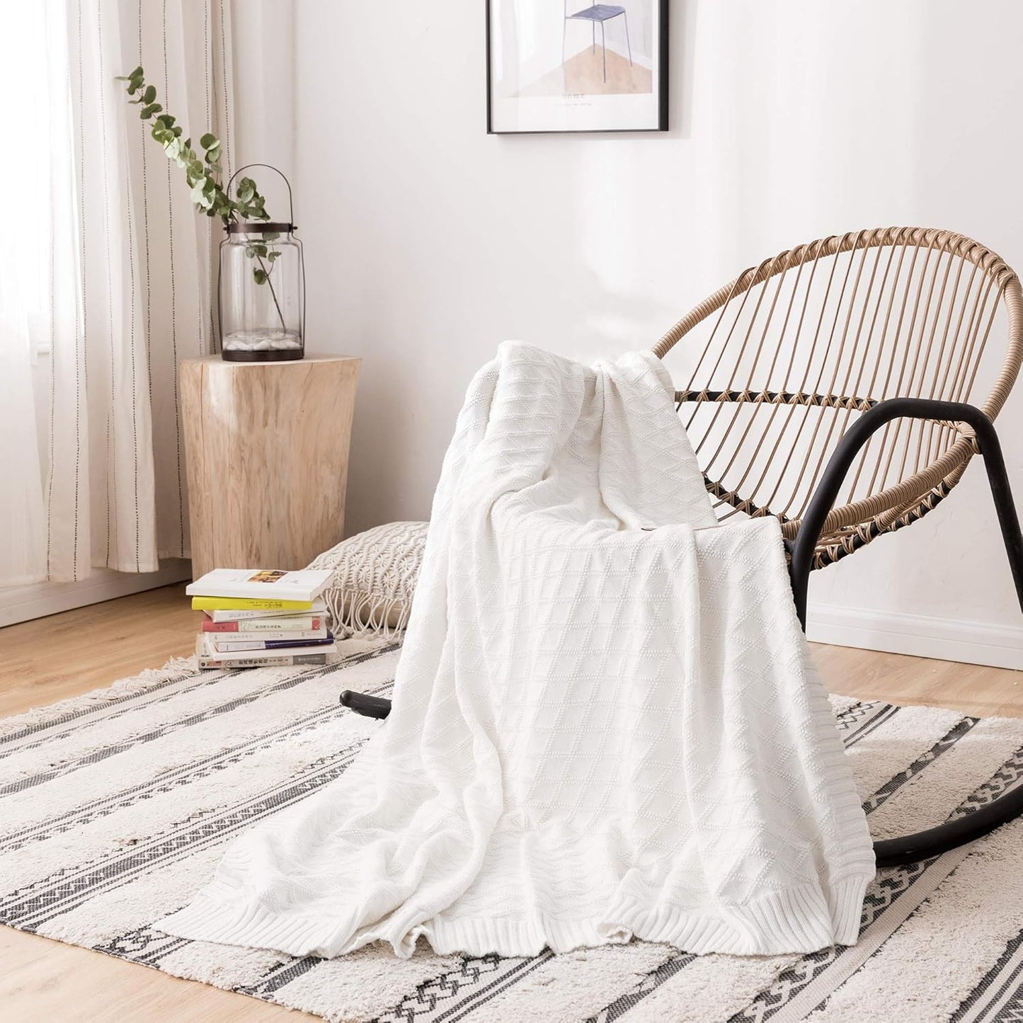 Longhui bedding 100% Cotton Pure White Cable Knit Throw Blanket for Couch with Bonus Laundering Bag – Large 50 x 60 Inch Thick, Extra Cozy, Machine Washable, Comfortable Home Decor