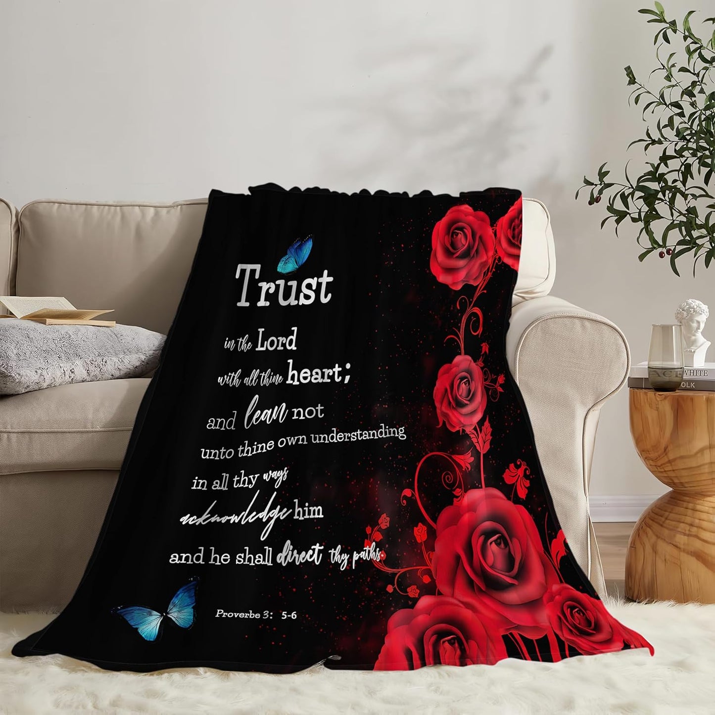 Christian Bible Verse Blanket Red Rose Inspirational Scripture Throw Blanket Religious Spiritual Gifts for Girls Boys Kids Adults Women Men Soft Cozy Plush Fuzzy Fleece Blanket Decor 40''X50''