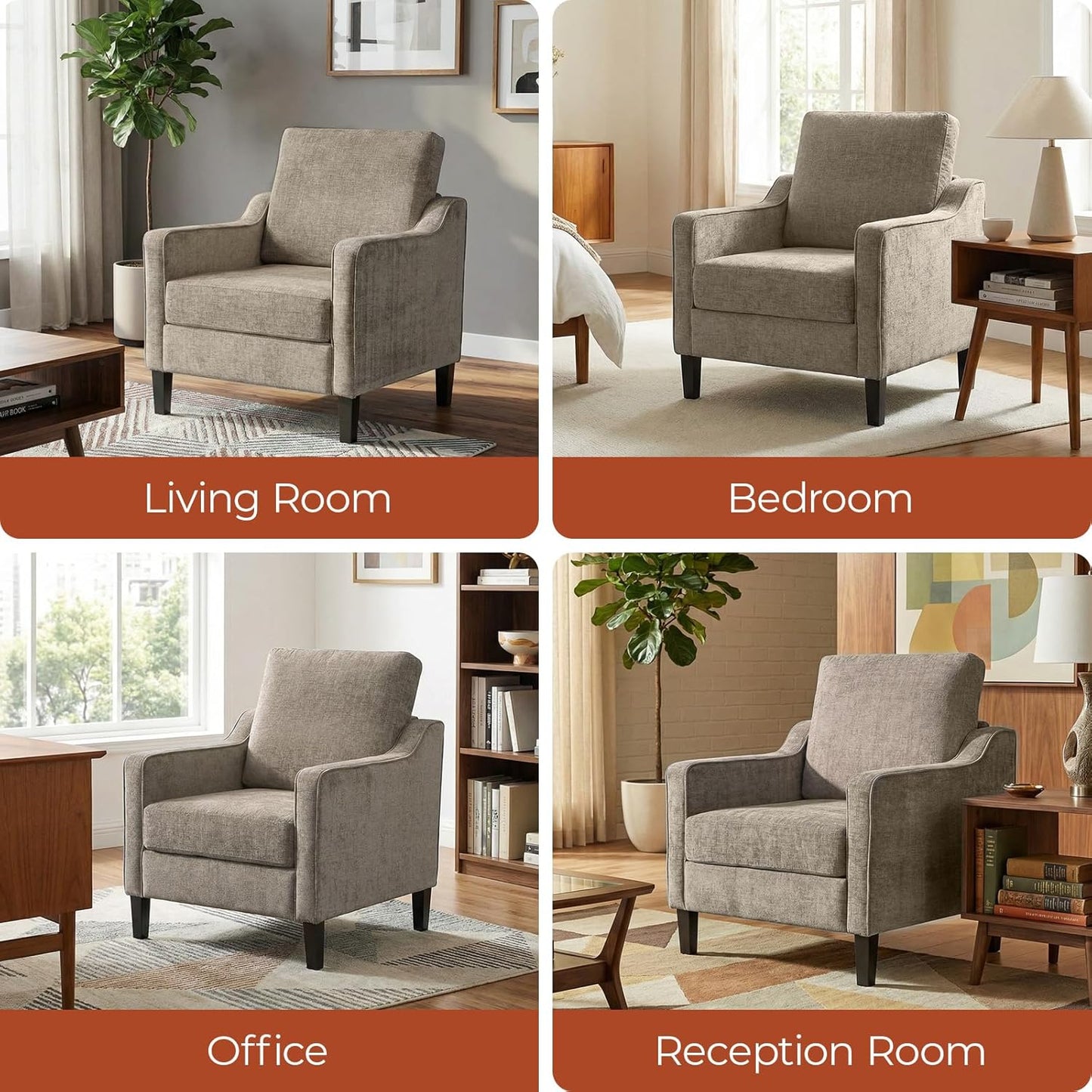 TLSUNNY Mid-Century Accent Chair, Modern Upholstered Chenille Armchair & Padded Reading Chair, Removable Cover & Wood Legs Living Room Chair, Single Sofa for Bedroom/Office/Apartment (Brown)