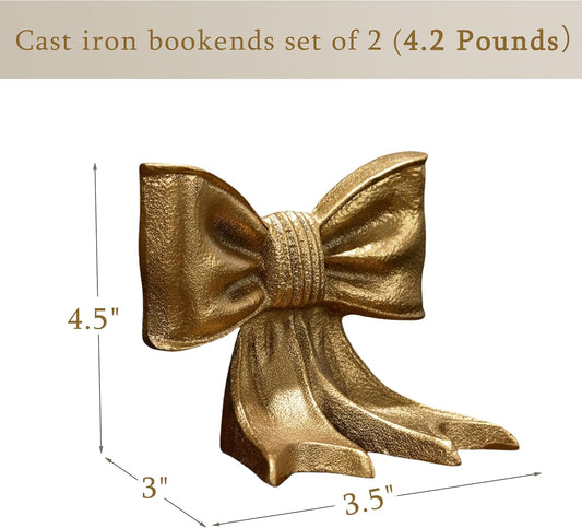 Gold Bow Metal Bookends Set of 2 Heavy Duty Cast Iron Book Ends for Heavy Books Unique Modern Decorative Book Holders for Shelves Home Accent Decor