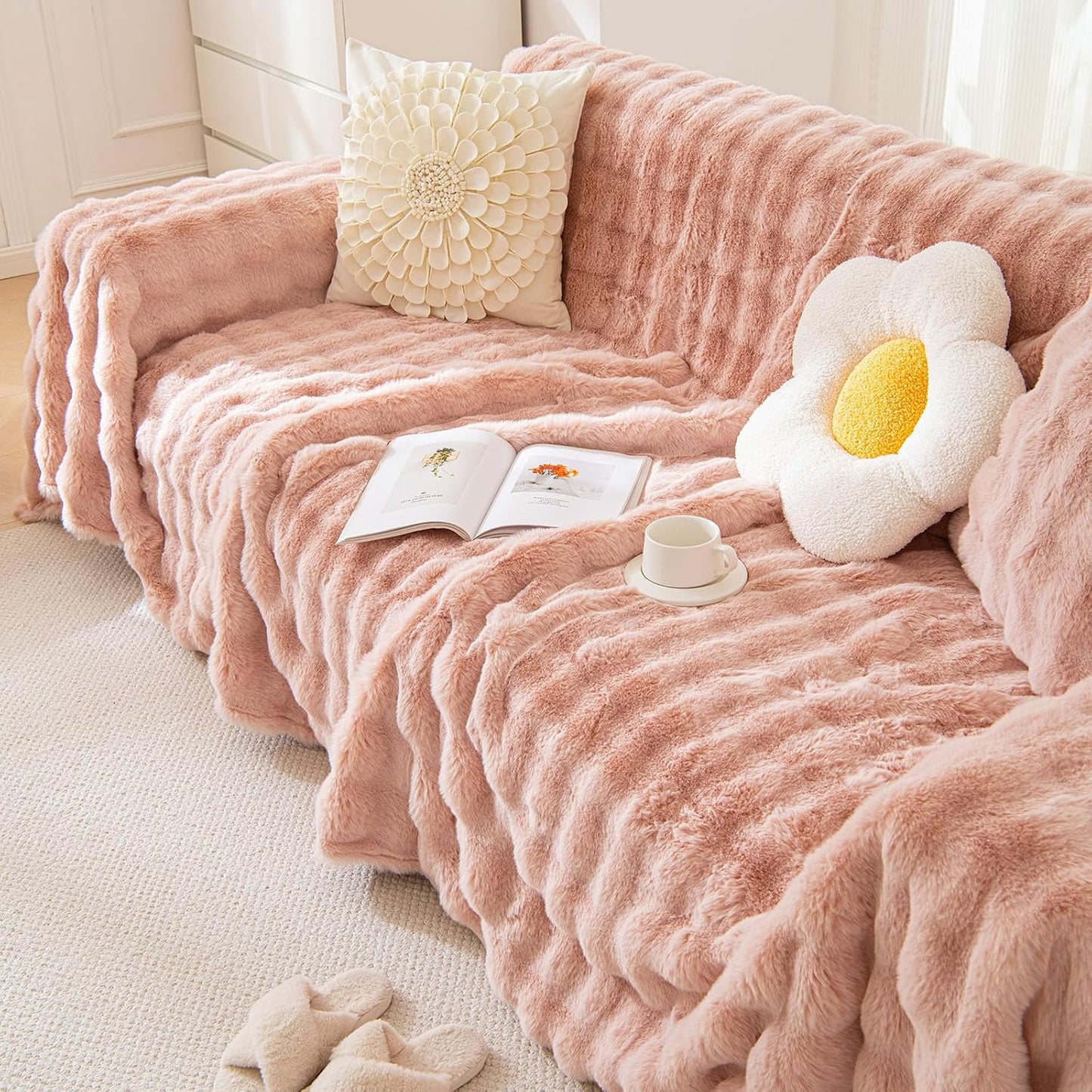 Pink Faux Fur 1 Piece Couch Cover Fluffy Sofa Slipcover Ultra Soft Universal Sofa Cover Cozy Sofa-Bed Throw Blanket Washable,71x134’’ for Dogs Pets Kids
