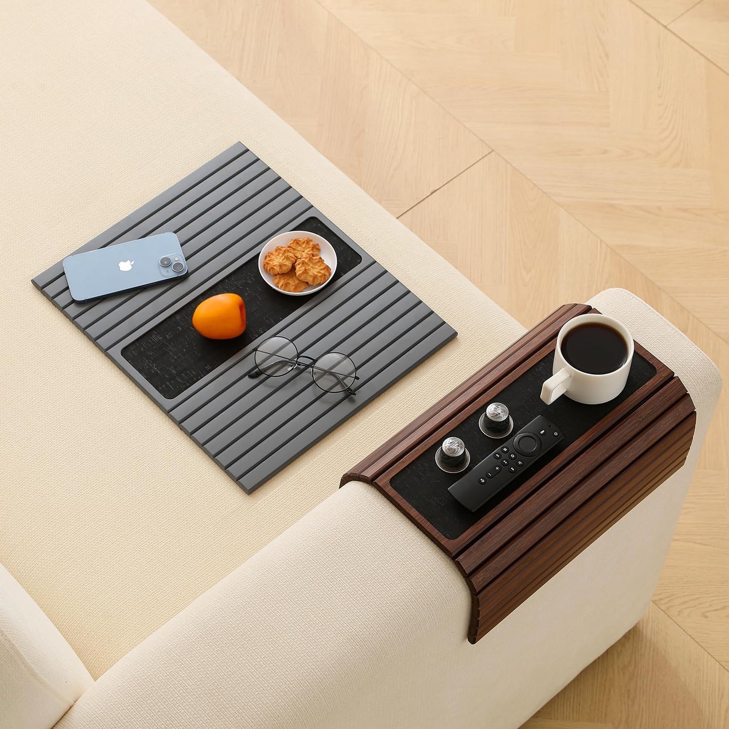 Bamboo Couch Arm Tray Table with Anti-Slip Cork Pad,Foldable Sofa Armrest Tray Table for Couch,Flexible Couch Arm Cup Holder,Portable Sofa Arm Chair Table for Drink, Snacks, Phone, Remote (Brown)