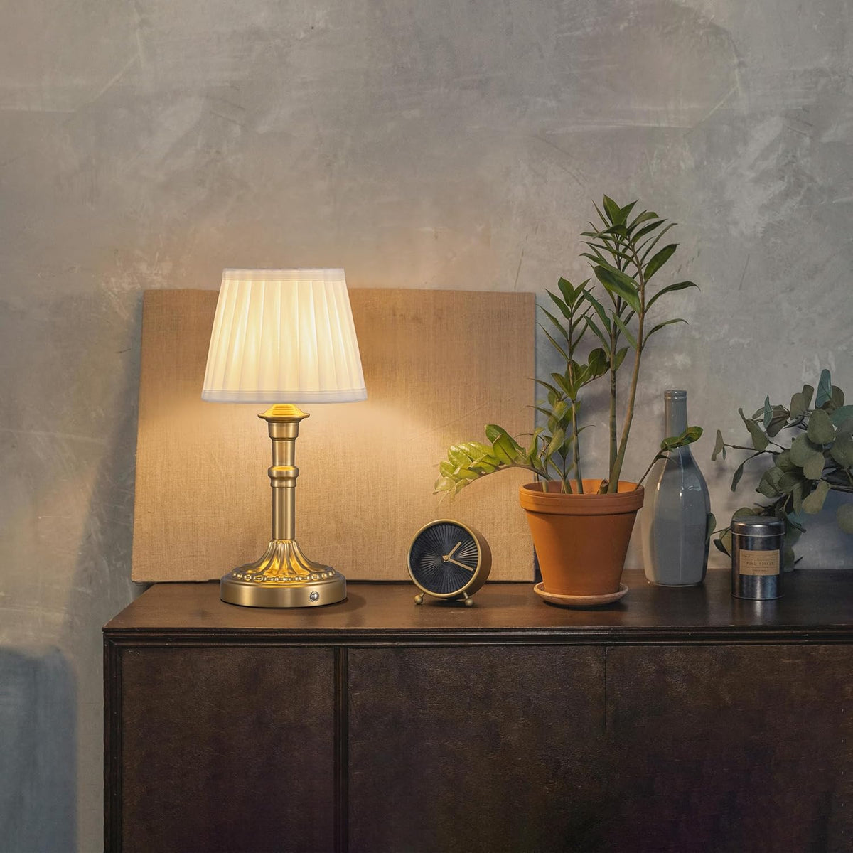 KDG Cordless Portables Table Lamp, LED Fabric Shade Small Desk Lamps, 4000mAh Battery Powered Lighting, 2700K Stepless Dimmable Light for Living Room, Dining Room, Bedroom, Bedside (Gold)