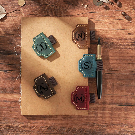 Personalized Magnetic Leather Bookmarks with Pen Holder,26 Letters Custom Book Markers for Reading with Name Initial Gift for Book Lovers,Women,Men (Blue, A)