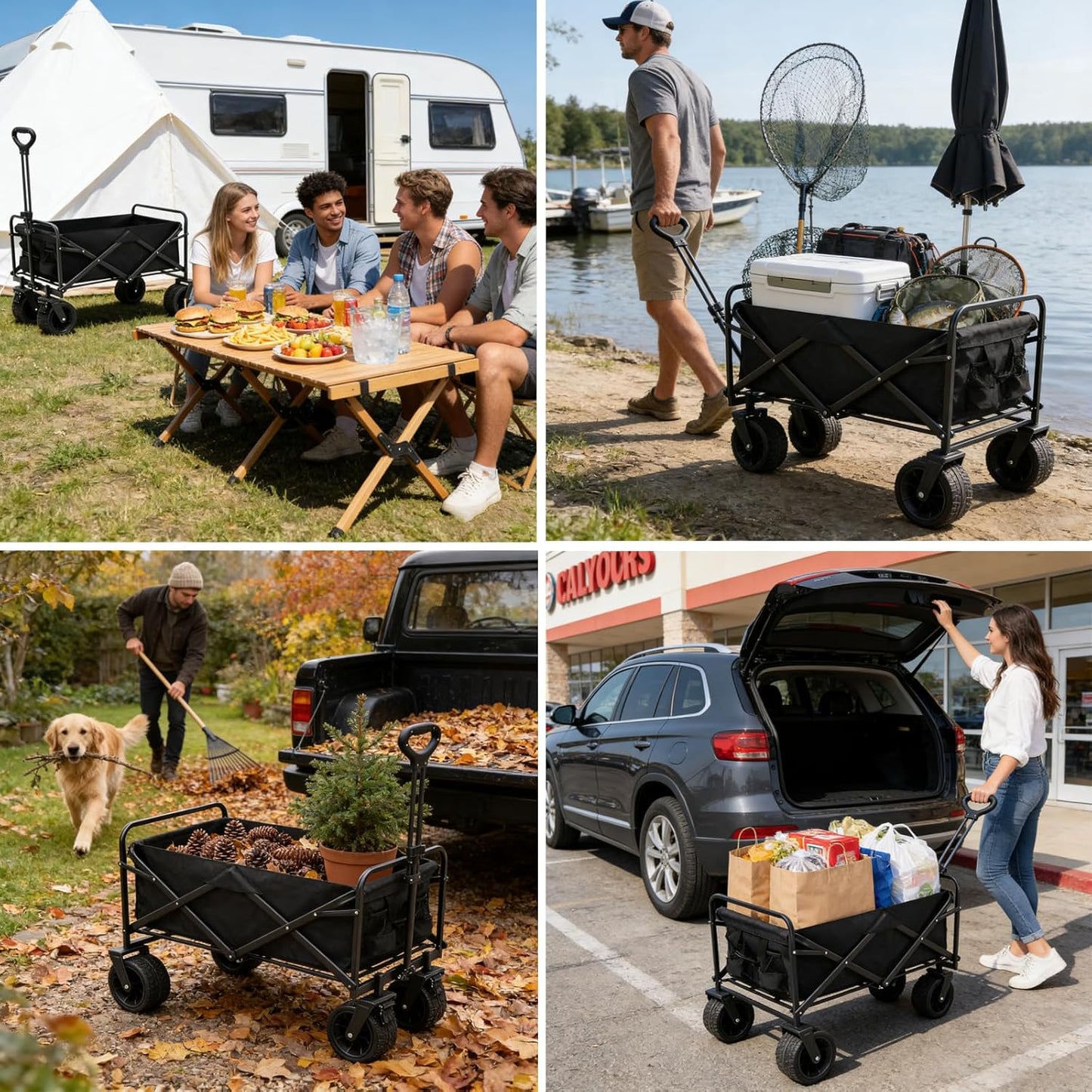 SNZ Heavy-Duty Collapsible Wagon Cart - 120L Capacity, 220lbs Capacity, 360° All-Terrain Wheels, Foldable Utility Cart for Camping, Beach, Garden, Grocery Shopping & Outdoor (Without Table Top)