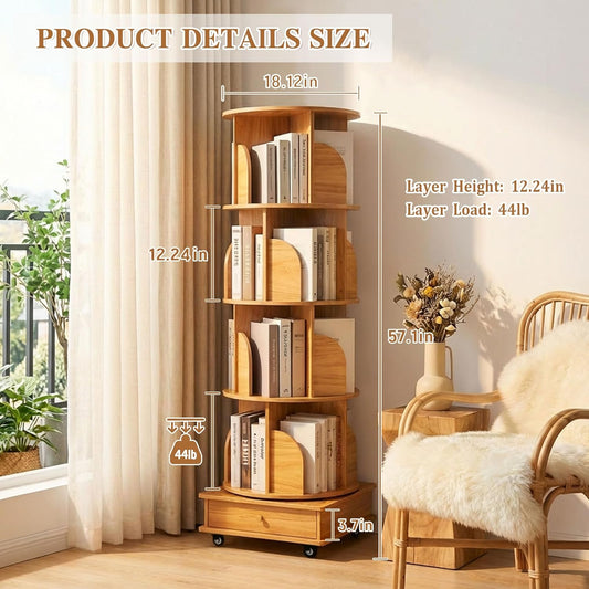 5-Tier 360° Rotating Bookshelf with Lockable Wheels & Drawer, Space-Saving Corner Unit, Holds 50 Books/Tier & Adjustable Height, Natural Wood MDF Storage for Bedroom, Office, Living Room