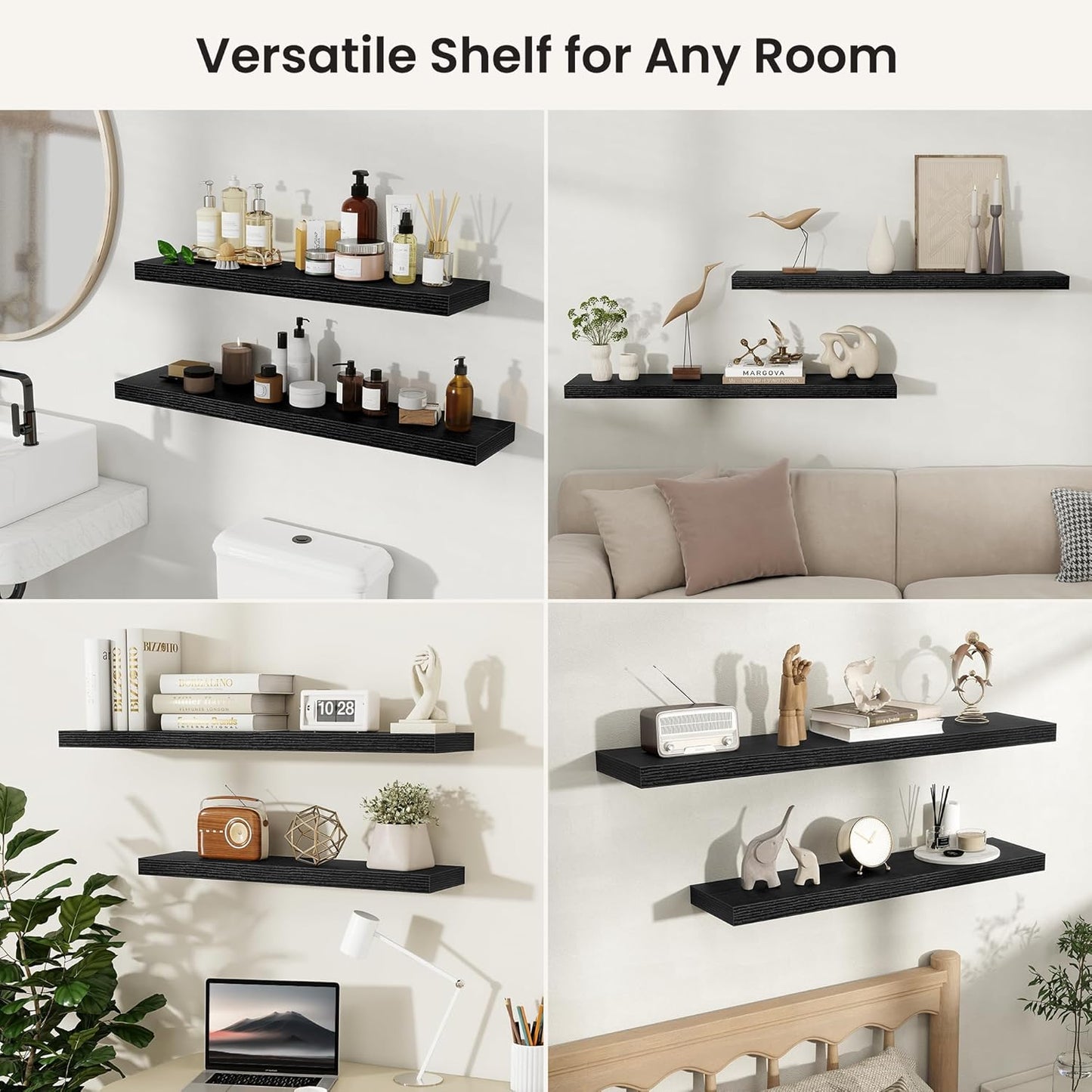 Fun Memories Floating Shelves for Wall, Rustic Wood Wall Mounted Shelves for Bathroom, Bedroom, Living Room & Kitchen, Storage Display Shelves, (Set of 3, Black, 12 in)
