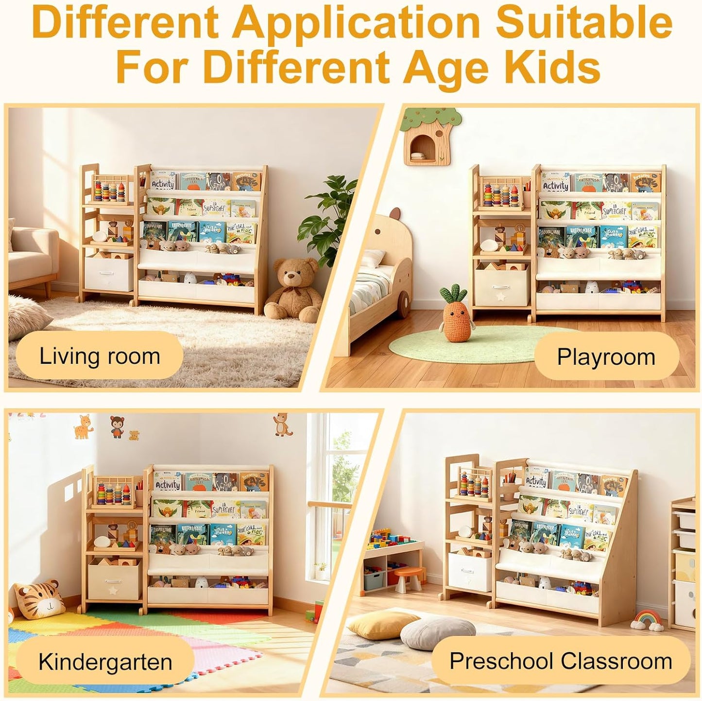 Kid Bookshelf and Toy Storage Organizer - White 3 Tier Wooden Kids Book Shelf for Kids Rooms, Toddler Bookshelf Baby Bookcase for Nursery Class Room, Play Room- Cream White