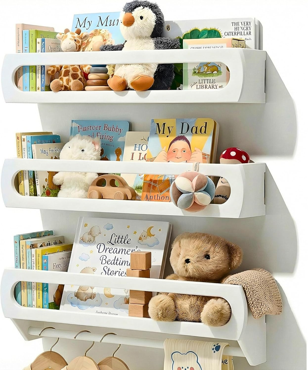 Nursery Book Shelves, Premium Bamboo Wood, Fully Assembled - Nursery Decor, Book Shelf for Kids Rooms, Multi-Use Floating Shelves for Wall with Hanger Bar, Set of 3 (White, 23 Inches)