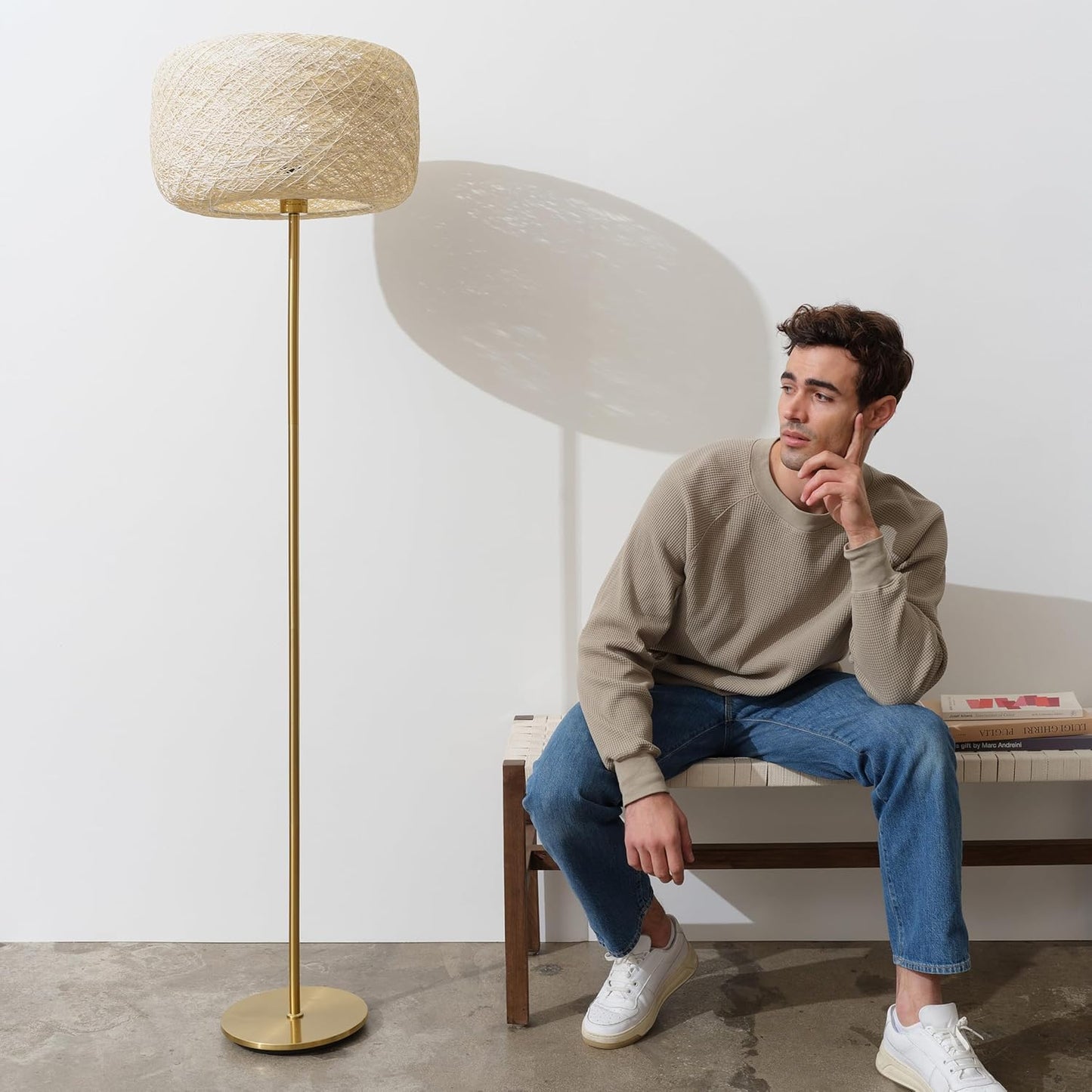 Brightech Rowan Elegant Floor Lamp – Modern Unique Thread Shade Matches Boho, and Mid-Century Décor – Free Standing LED Light for Living Rooms and Bedrooms – Tall Indoor Lamp Gets Compliments - Brass