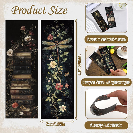 Dark Academia Bookmarks for Women - 100 Pcs Gothic Flower Book Mark Retro Aesthetic Bookmark Skull Dragonfly Plants Page Marker Clip Gift for Book Lovers Students Teachers Bookish Reading