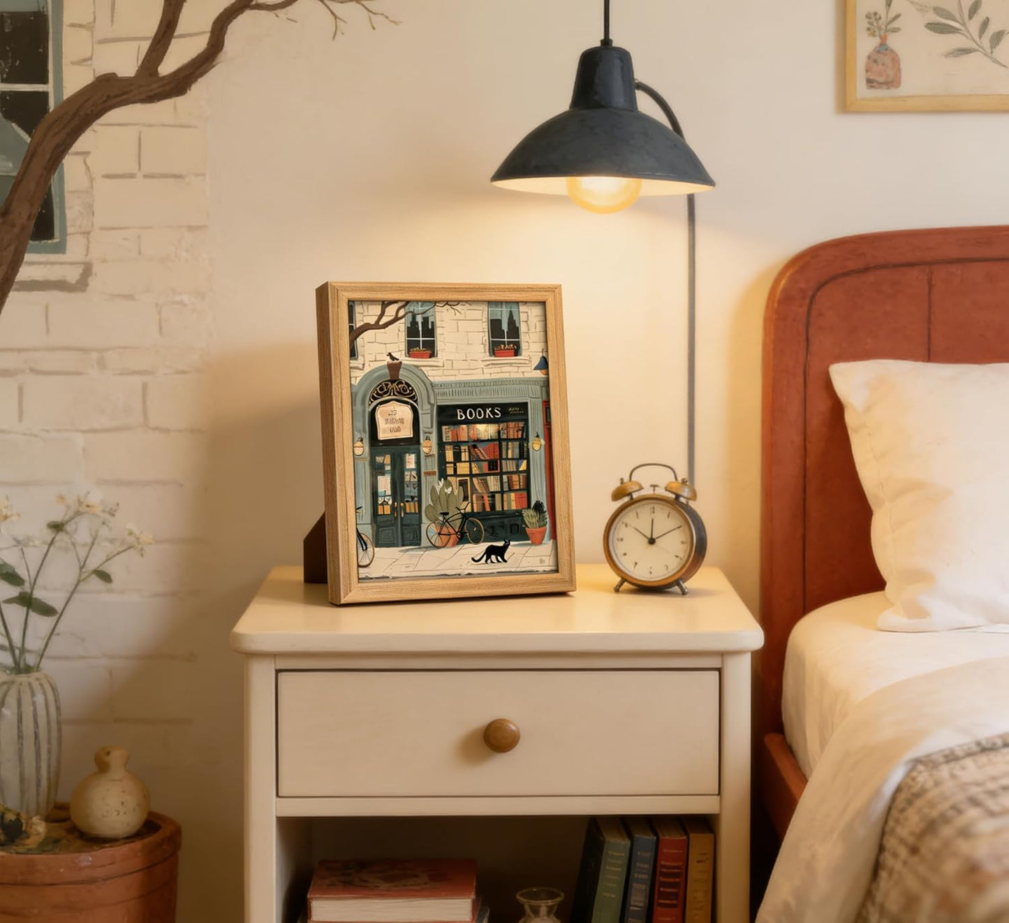 Framed Vintage Book Wall Art Bookstore and Black Cat Painting Canvas Prints Cozy Bookshop Library Bookish Picture Wall Decor Bookworm Reading Nook Poster Artwork for Living Room Bedroom Office