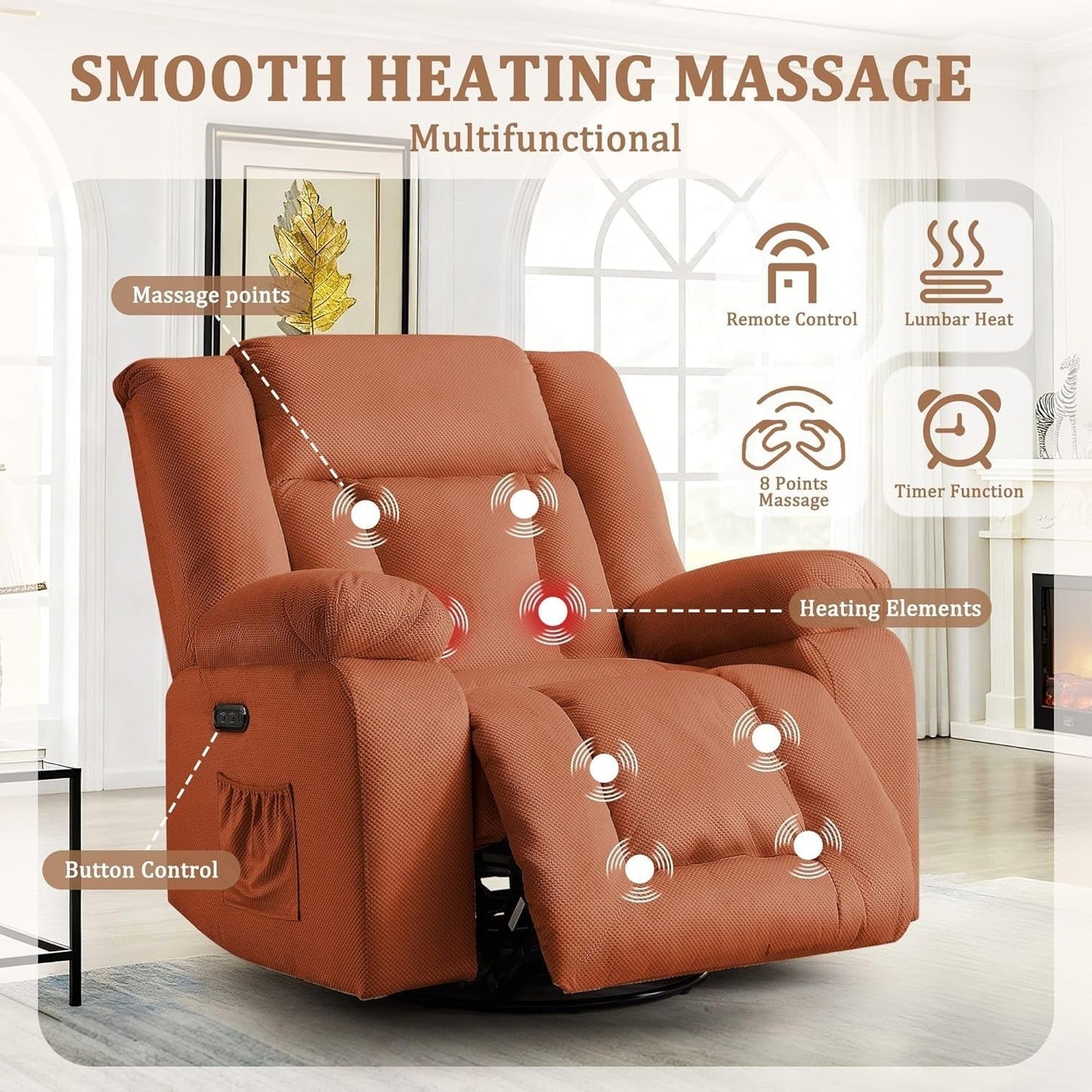 Swivel Rocking Chair with Heat and Massage Modern Electric Rocker Recliner Chairs with Extra Wide Fabric for Living Room Bedroom Meeting Home Theater