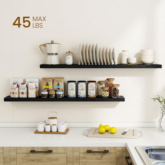 Dreamland 48Inch Floating Shelves for Wall, Rustic Wooden Black Floating Shelves for Living Room, Kitchen, Farmhouse, Deep Wall Mounted Book Shelf, Wood Storage Display Shelf for Home Decor, Set of 2