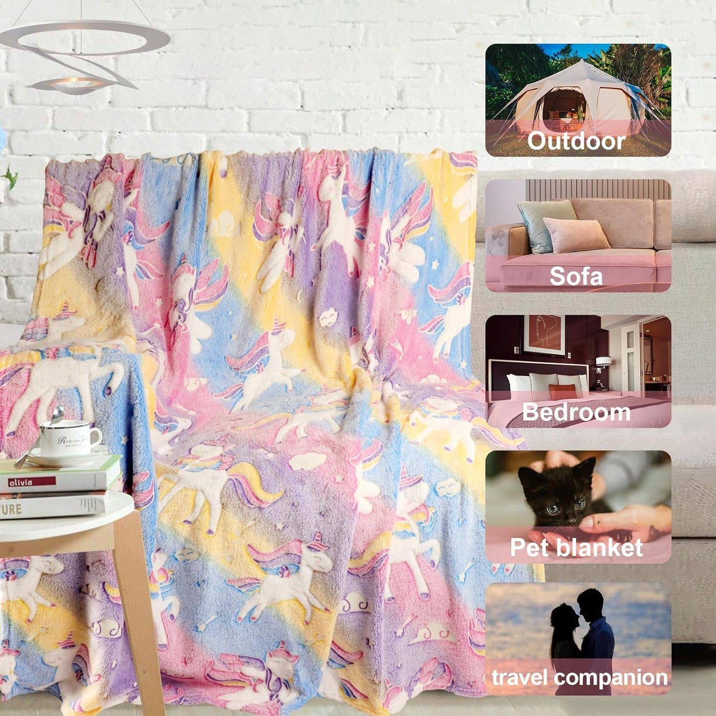 Unicorn Glow in The Dark Kids Blanket, Soft Fleece Throw 50"x60" for Girls & Boys, Ages 3-12