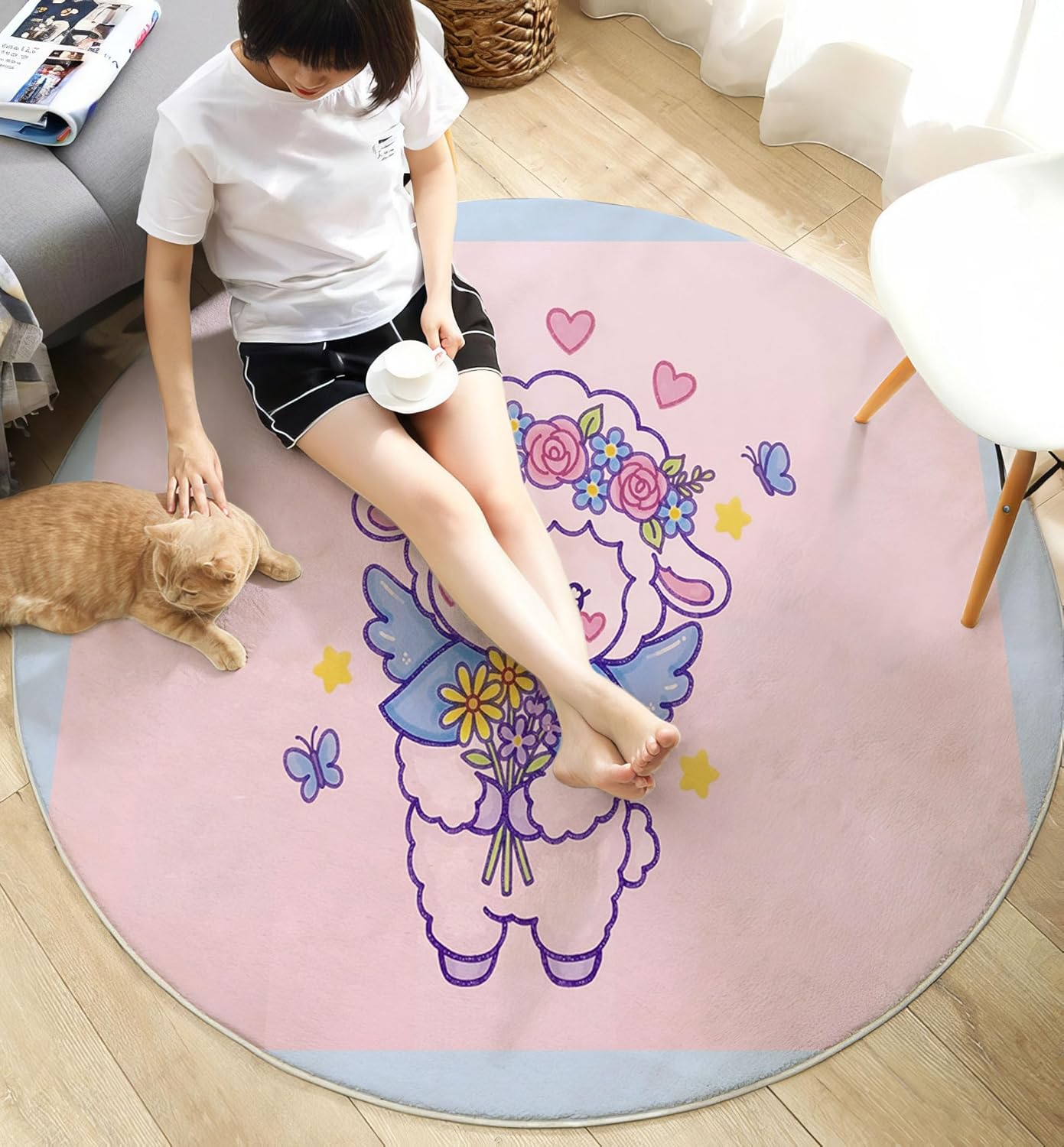Cute Flowers Lamb Round Rugs 6Ft, Cartoon Animal Round Living Room Area Rug, Washable Large Soft Circle Rug for Bedroom, Non Slip Ultra Thin Floor Carpet for Dining Room, Pink