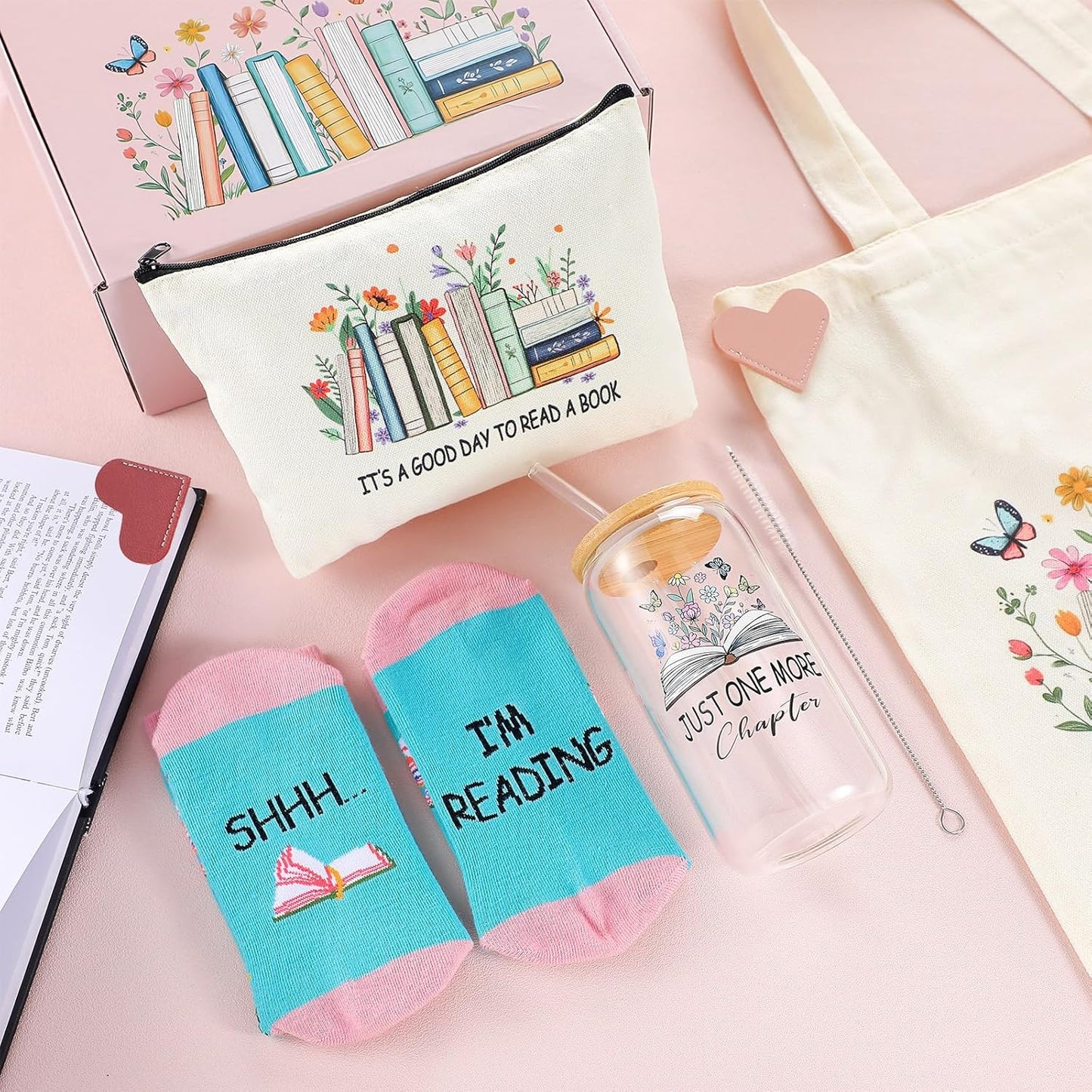 Book Lover Gifts Set for Women Bookish Gifts Include Reading Canvas Tote Bag Cosmetic Bags Novelty Socks Leather Heart Bookmarks 16 oz Glass Tumbler for Librarian Bookish Readers Teacher