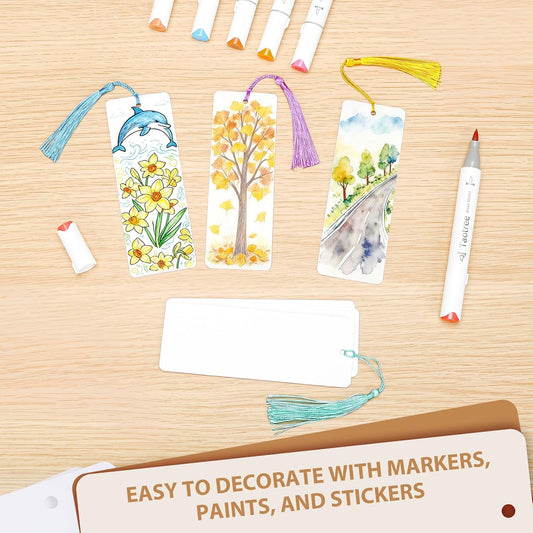120 Pcs Blank Bookmarks to Decorate with 100 Colorful Tassels, Thick 350GSM Cardstock Bookmarks for DIY Crafts, Holiday Reading, Classroom Projects and Gift Tags, 5.5x2 Inch Bulk Set
