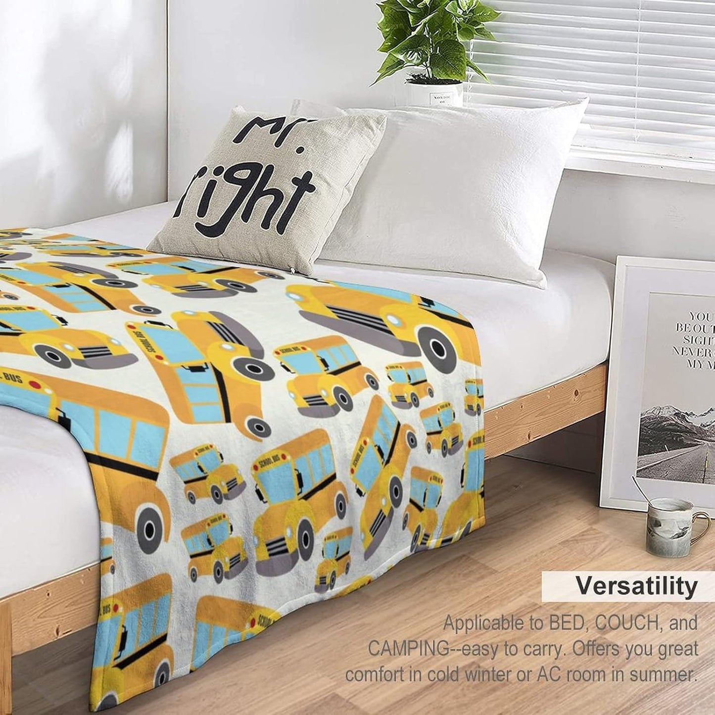 School Bus Soft Flannel Fleece Throw Blanket, Vehicle Illustrations Background Pattern for Kids, Cozy Plush for Indoor and Outdoor Use Lightweight Blanket 60"x80"