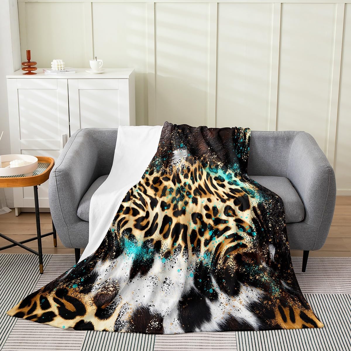 Erosebridal Aztec Flannel Blanket Queen Inch Leopard Fleece Blanket for Men Women Rustic Tribal Cheetah Western Teal Blue Brown Microfiber Fuzzy Plush Throw