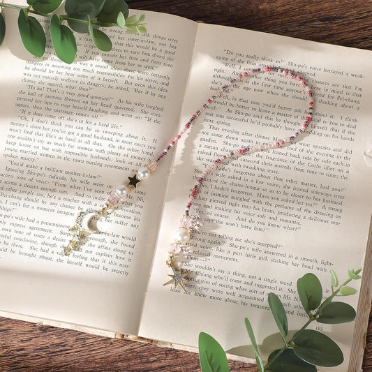 Moon Star Beaded Bookmark - Fantasy Crystal Bead Gold Chain Fantasy Bookmark, Reading Book Accessories for Men Women, Bookish Gift for Book Lovers, Students and Teachers