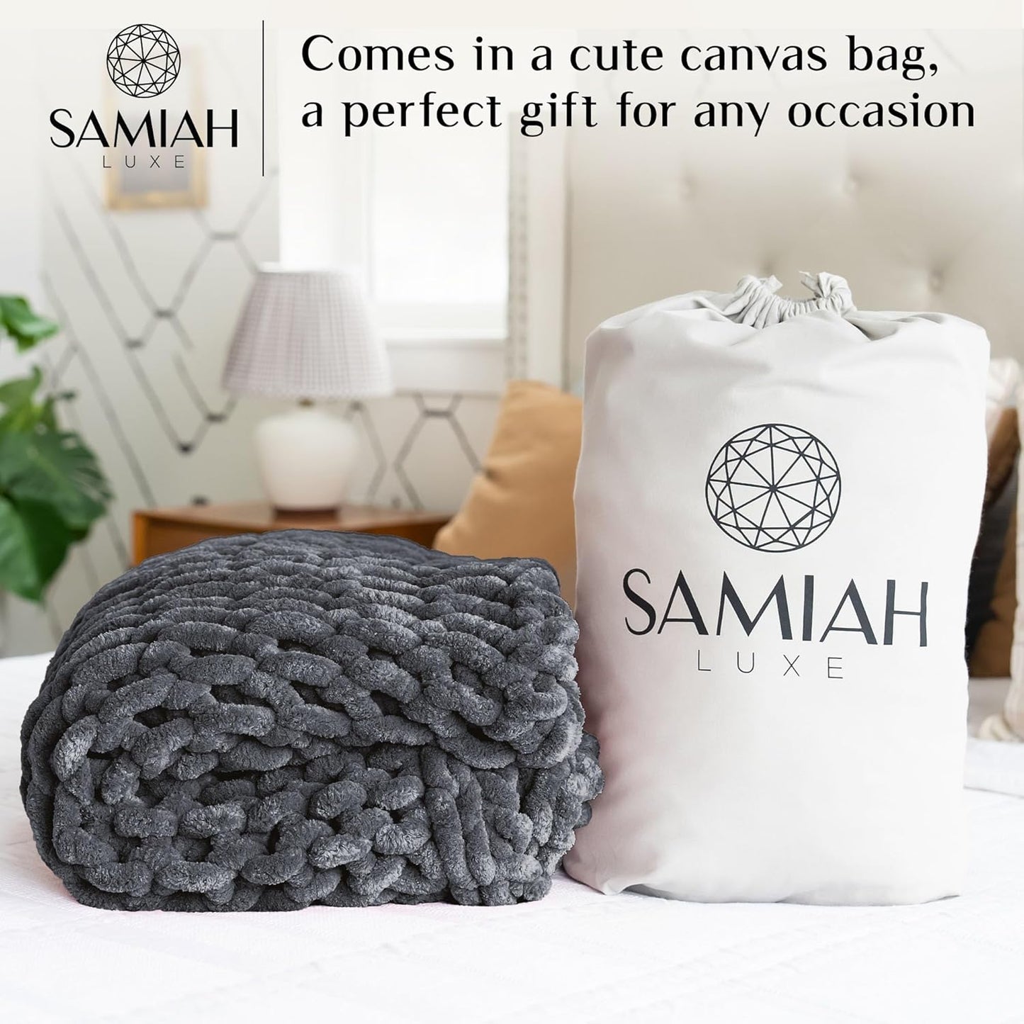SAMIAH LUXE Chunky Knit Blanket Throw 50x60", Grey Chenille Chunky Knit Throw Blanket for Living Room Decor or Boho Decor, Thick Yarn Knitted Blankets for Couch or Bed, Cable Knitted Crochet Blankets