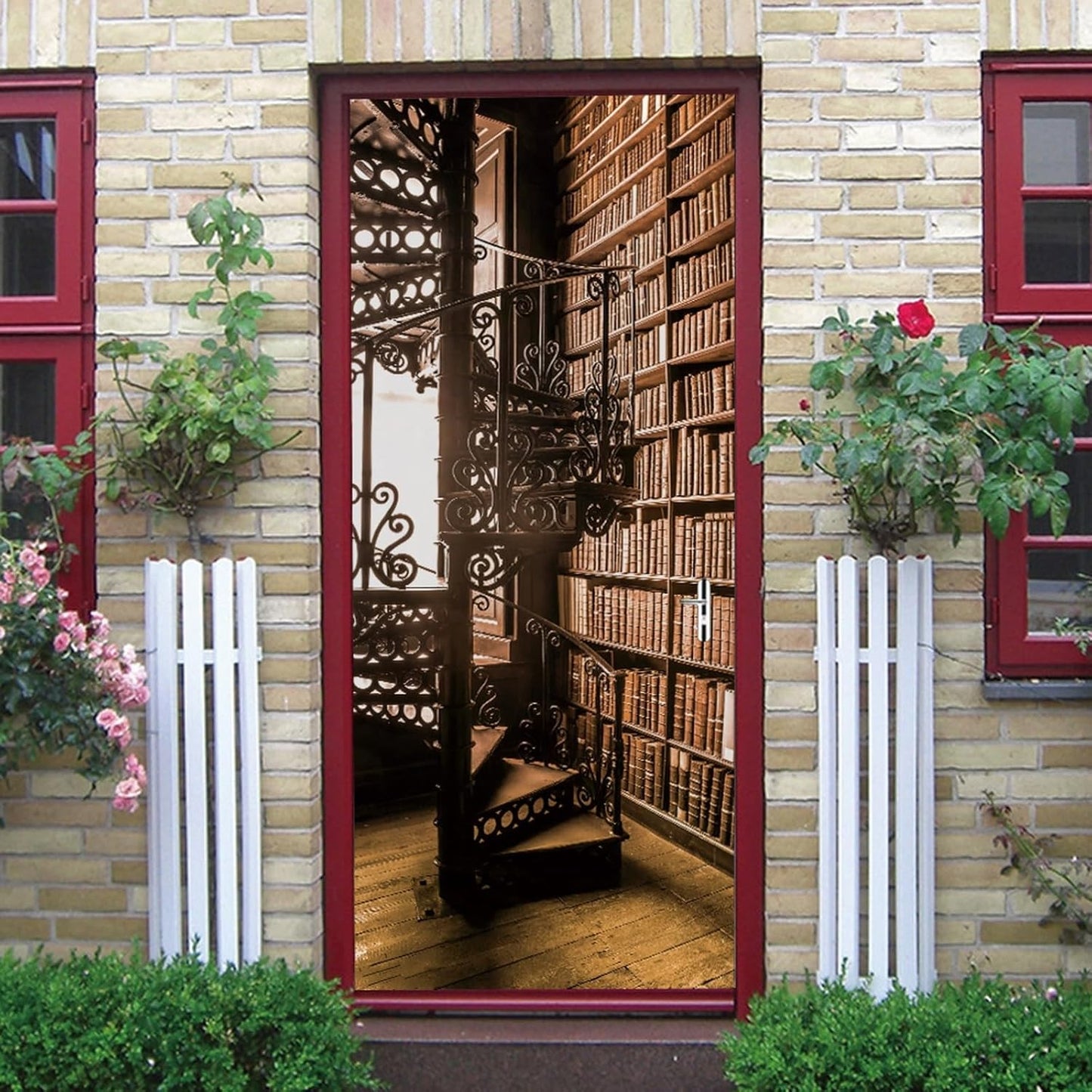 3D Door Stickers for Interior Doors Bookshelf with Books and Spiral Staircase in an Old Library Vinyl Waterproof Self Adhesive Door Mural Decals for Bedroom Office Bathroom 77 x 200cm