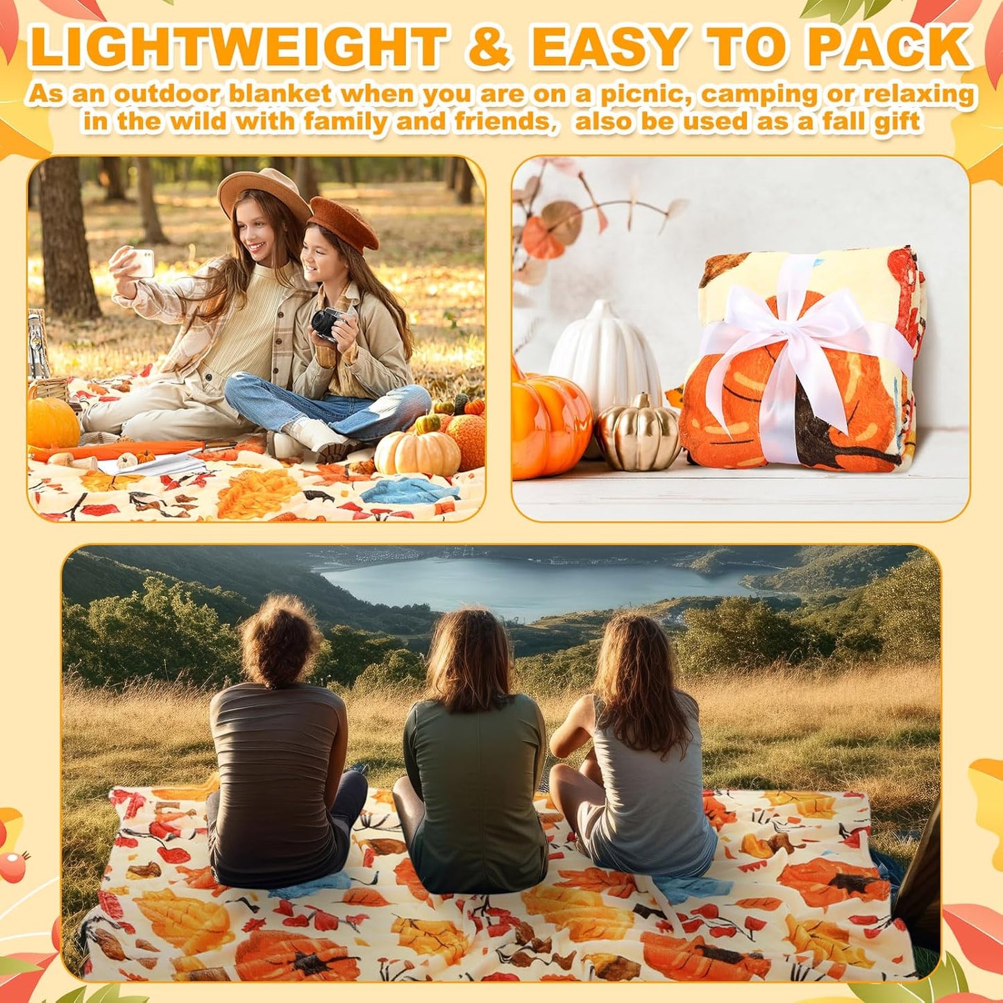 2 Pcs Large Thanksgiving Fall Blankets Pumpkins Orange Maple Leaf Soft Warm Plush Throw Fleece Cozy Lightweight Flannel Blankets for Living Room Couch Bed Chair Dorm Outdoor, 60"x80"