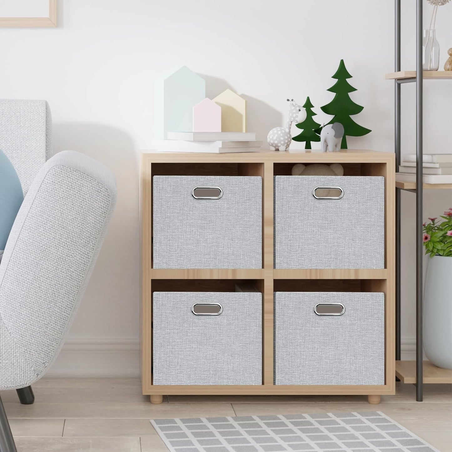 Posprica Closet Organizers and Storage, 4 Pack Large Linen Storage Bins, Decorative Shelf Storage Baskets for Organizing, Foldable Fabric Storage Box for Clothes, Toy, 16.5x12x10.25 Inch(Grey)