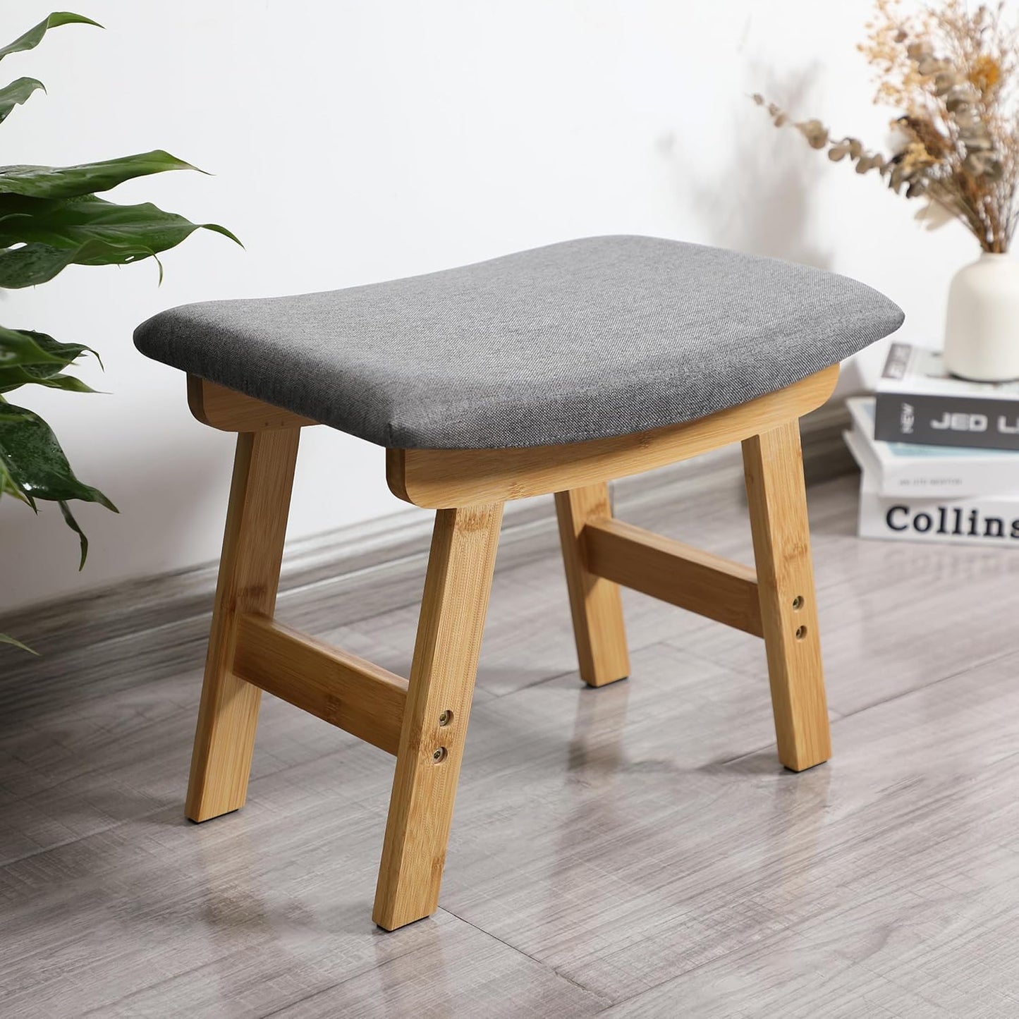BAMBOO LAND- Bamboo Foot Stools Ottoman, Gray Cushion & Natural Wood Legs, Small Ottoman Foot Rest for Couch