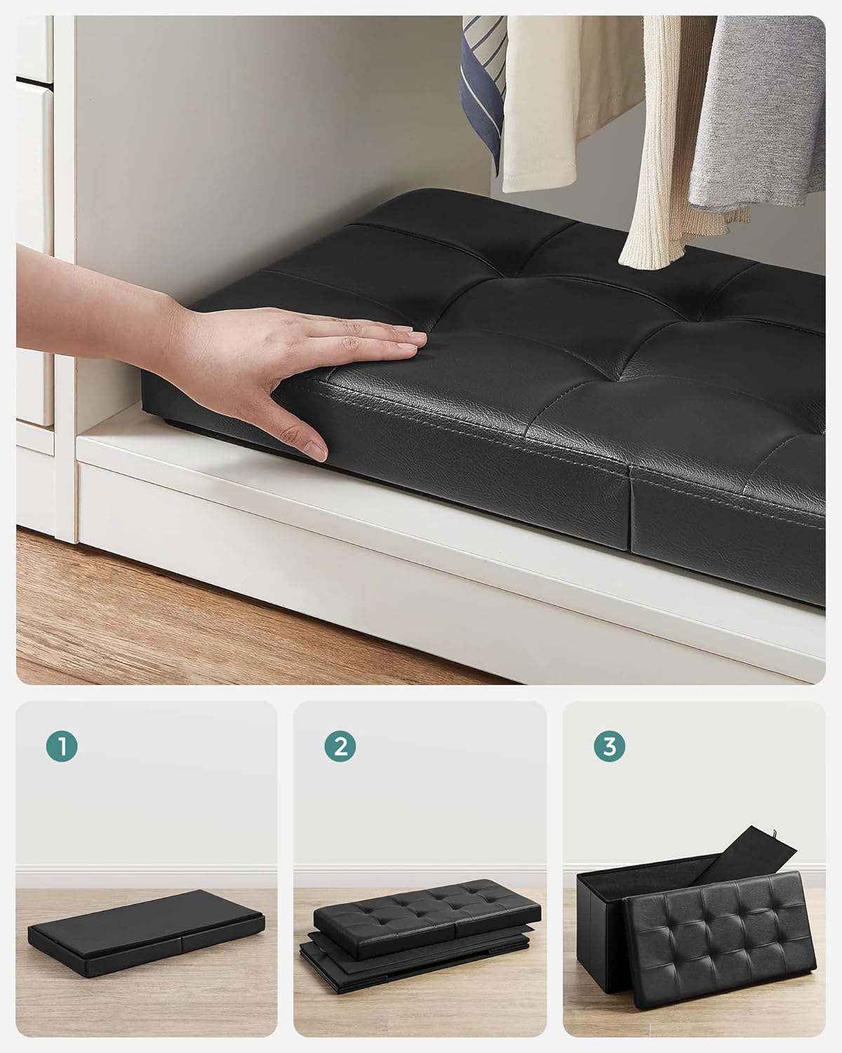 SONGMICS MAZIE Collection - 30 Inches Storage Ottoman Bench with Flipping Lid, Storage Chest Footstool, Load 660 lb, for Entryway, Living Room, Bedroom, Synthetic Leather, Black ULSF45BK