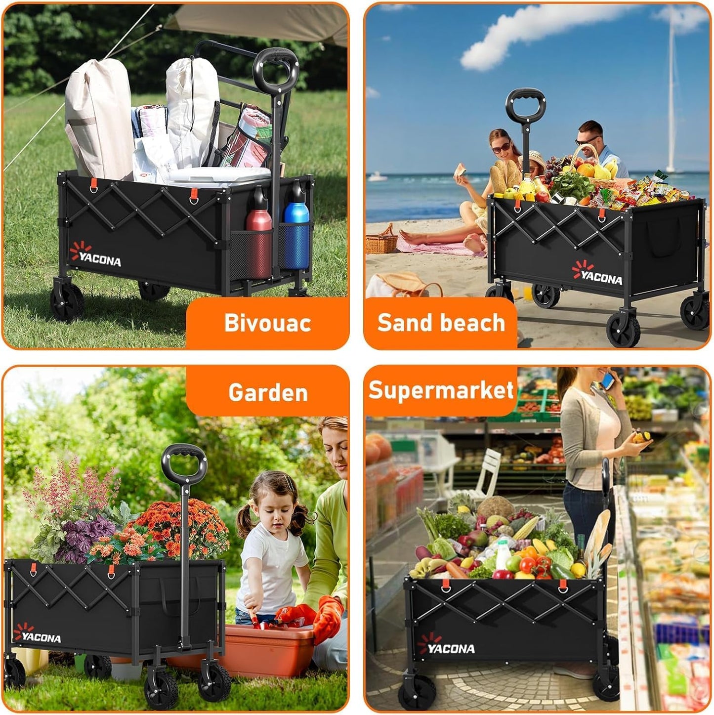 Wagons Carts Foldable, Lightweight Portable Utility Shopping Cart with Wheels, Folding Grocery Wagon Cart for Grocery, Camping, Shopping, Beach, Garden, Sports Black