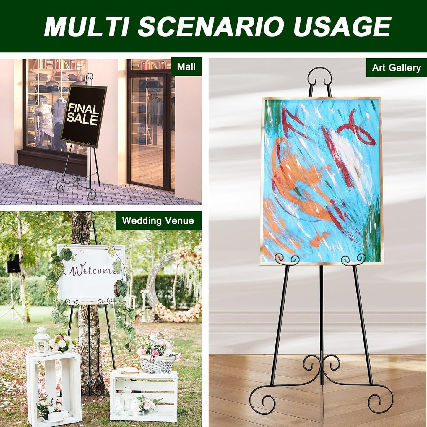 46" H Metal Round Tube Scroll Display Easel, Classic Black Decorative Large Adjustable Floor Standing Easel with Chain Support, Perfect for Showcasing Pictures, Artwork, Picture Frame Wedding Sign Etc